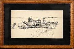 Antique "Harvester at work in the field" - Ink Drawing on Heavy Paper