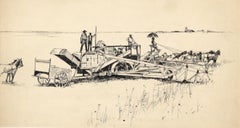 "Harvester at work in the field" - Ink Drawing on Heavy Paper