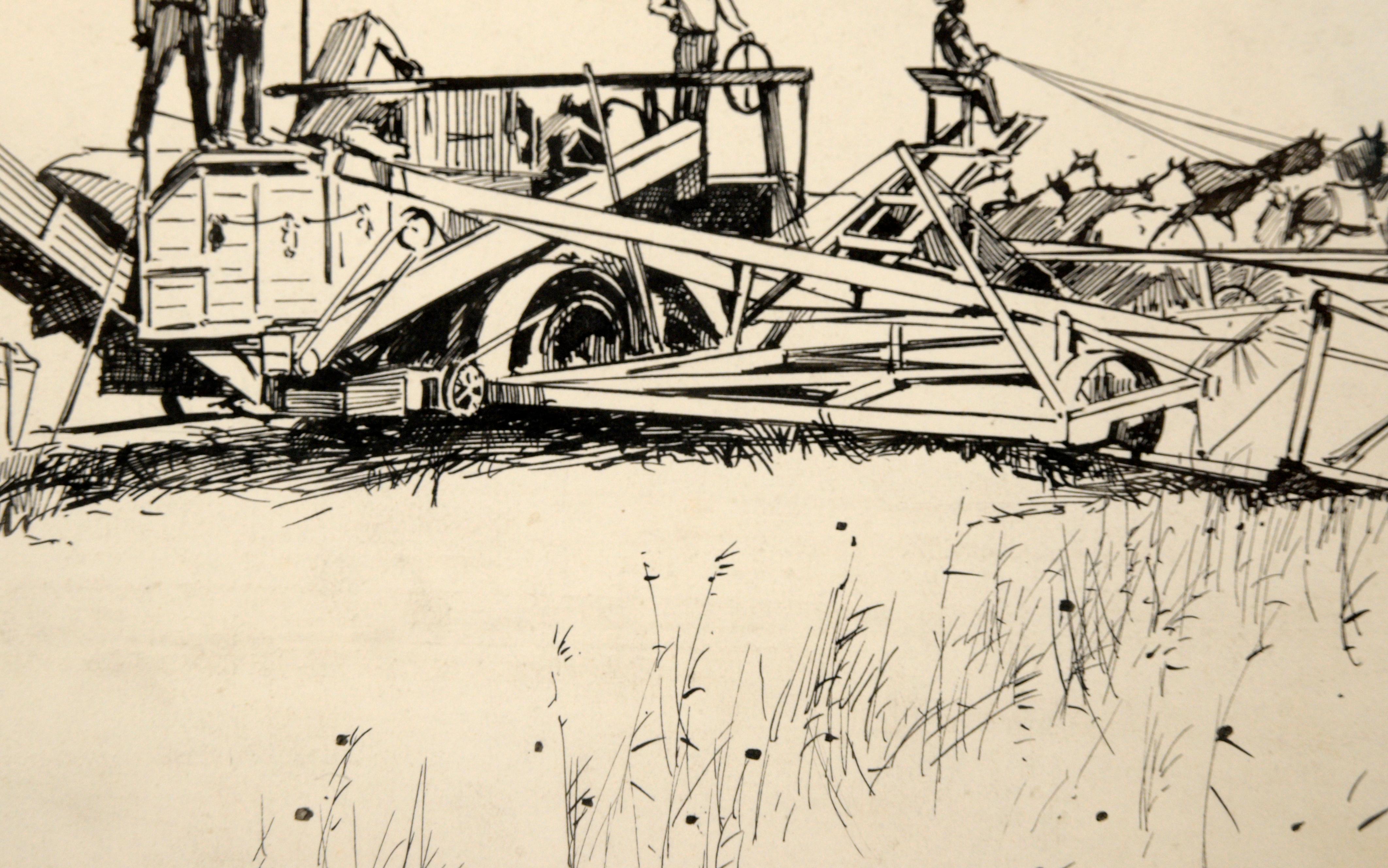 Delicado y detallado dibujo de una cosechadora en el campo realizado por un artista desconocido. Una yunta de caballos tira de una gran cosechadora, controlada por cuatro personas montadas en la máquina. A la izquierda, se ven otros dos caballos