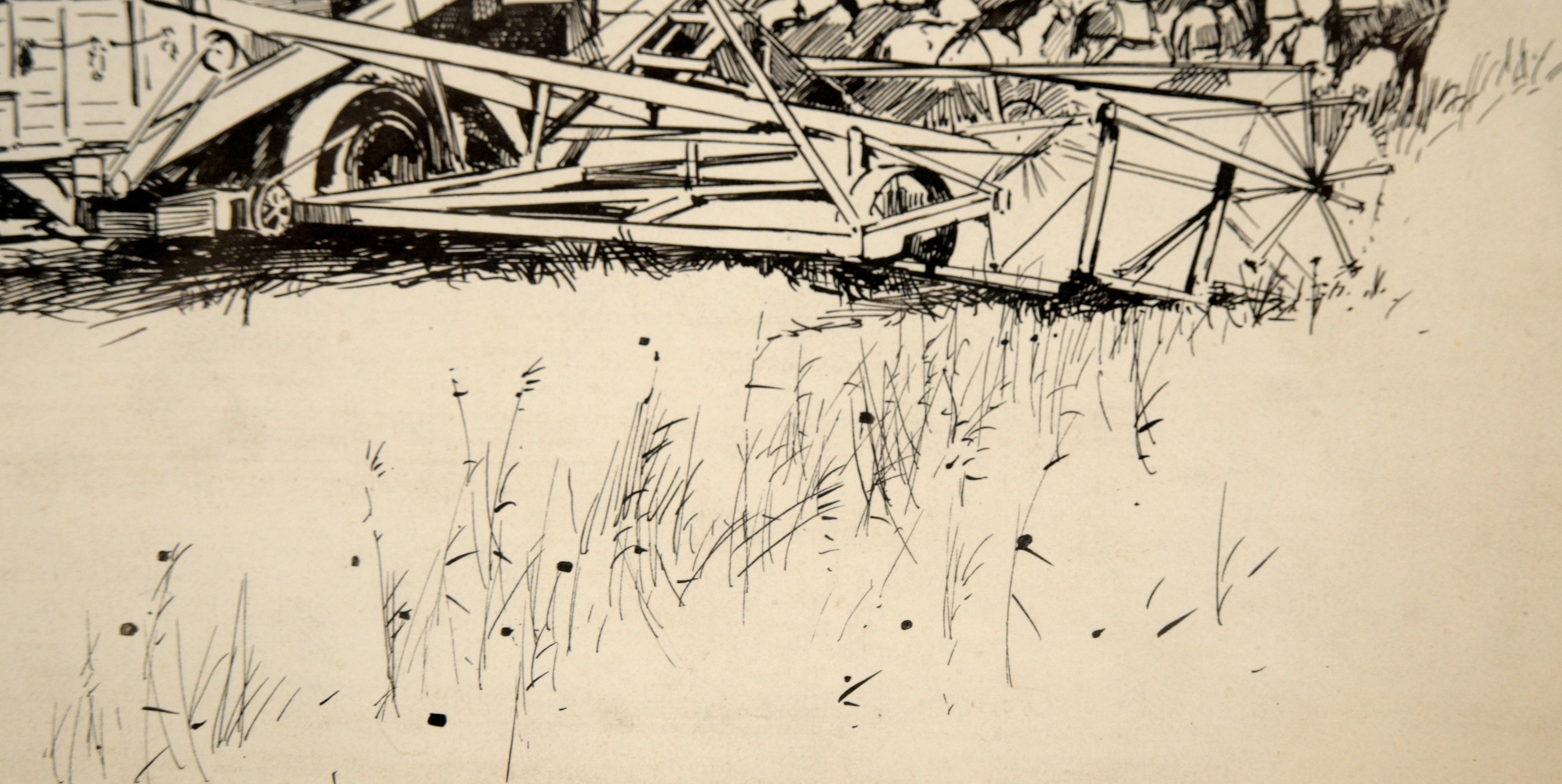Delicate and detailed drawing of a harvester in the field by an unknown artist. A team of horses is pulling a large harvester, controlled by four people riding on the machine. To the left, two more horses can be seen entering the field, and a farm