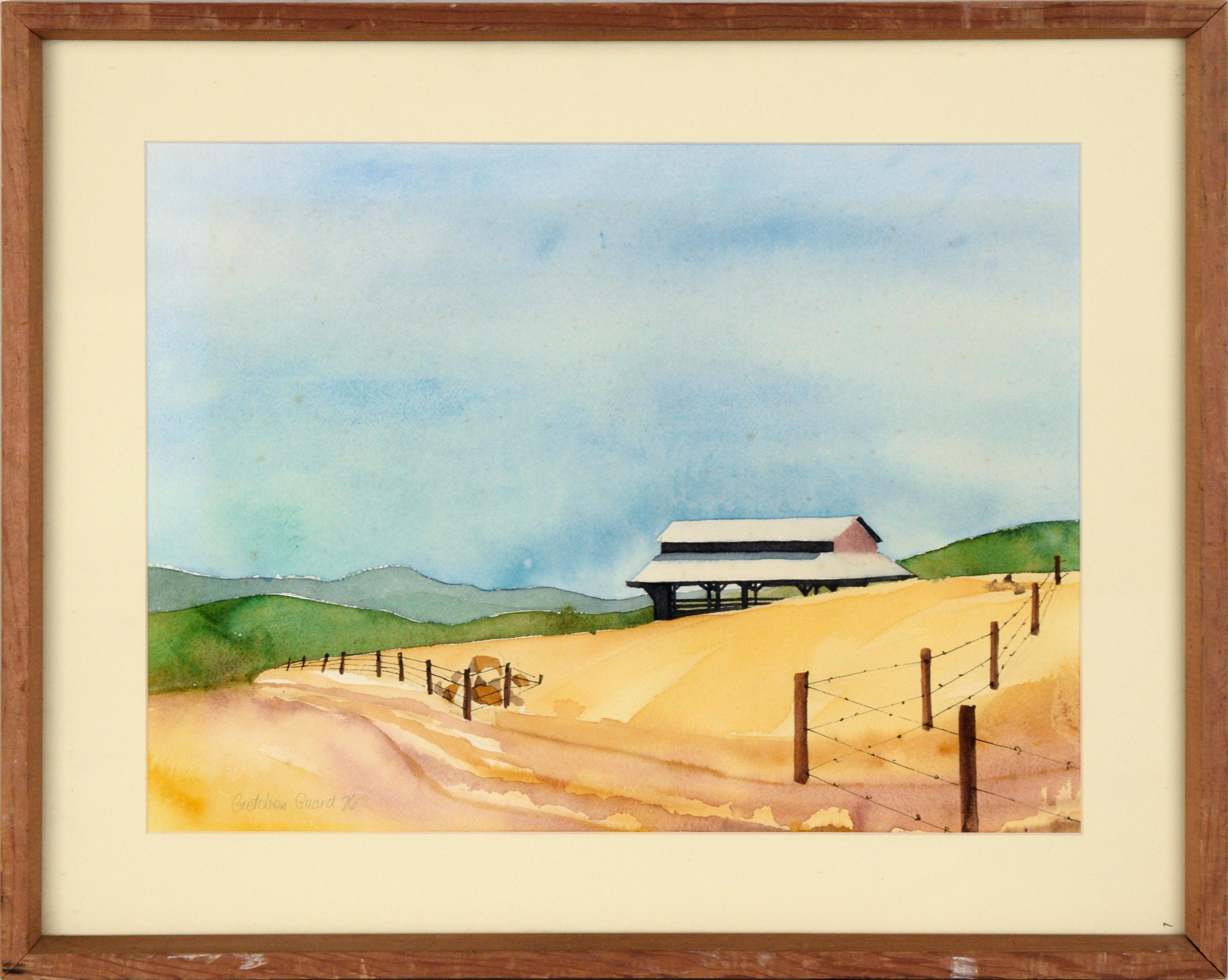 Gretchen Guard Landscape Art - Barn in the Rolling Hills, 1970's Landscape Watercolor on Paper