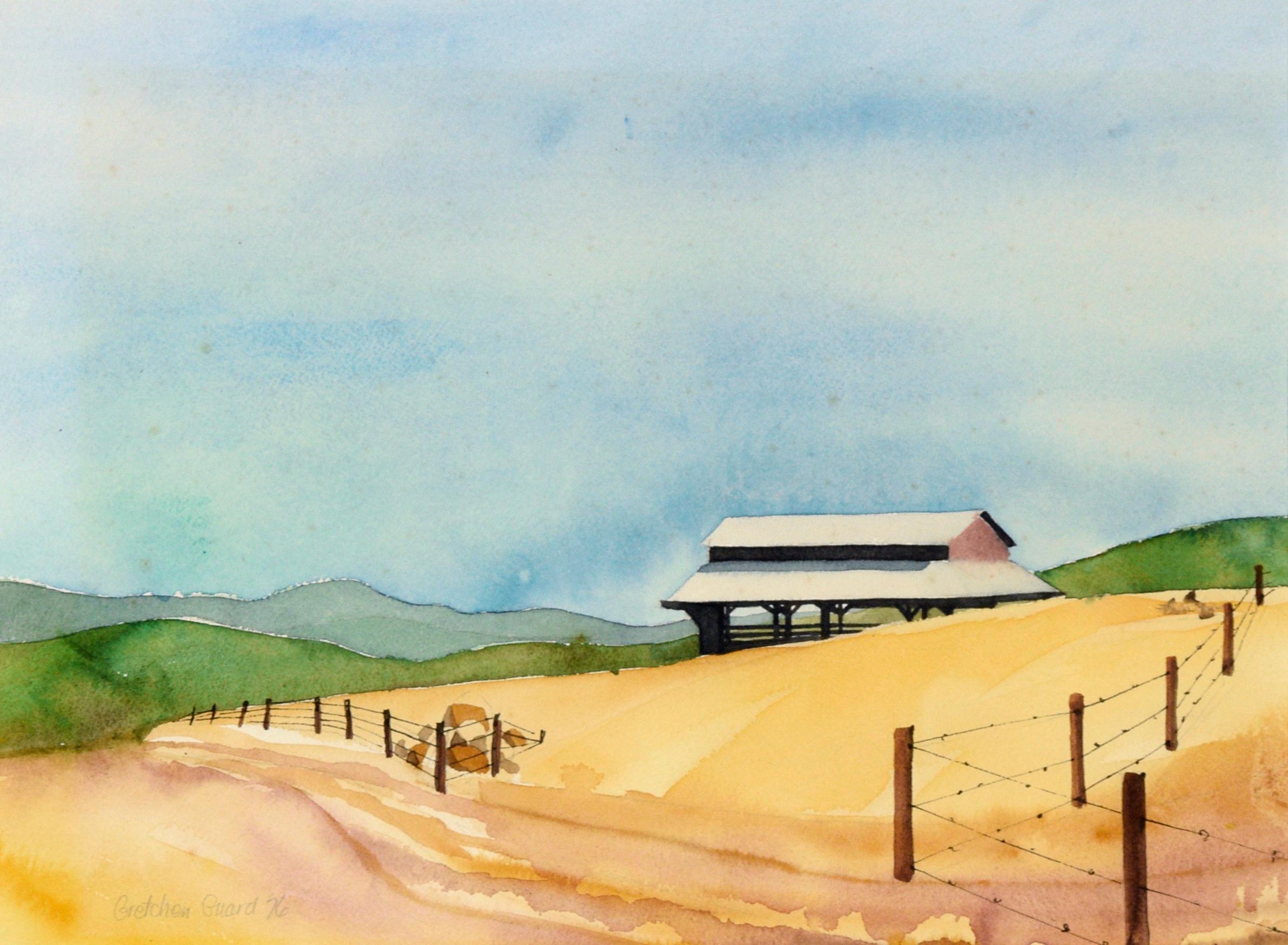Barn in the Rolling Hills, 1970's Landscape Watercolor on Paper - Art by Gretchen Guard