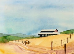 Barn in the Rolling Hills, 1970's Landscape Watercolor on Paper