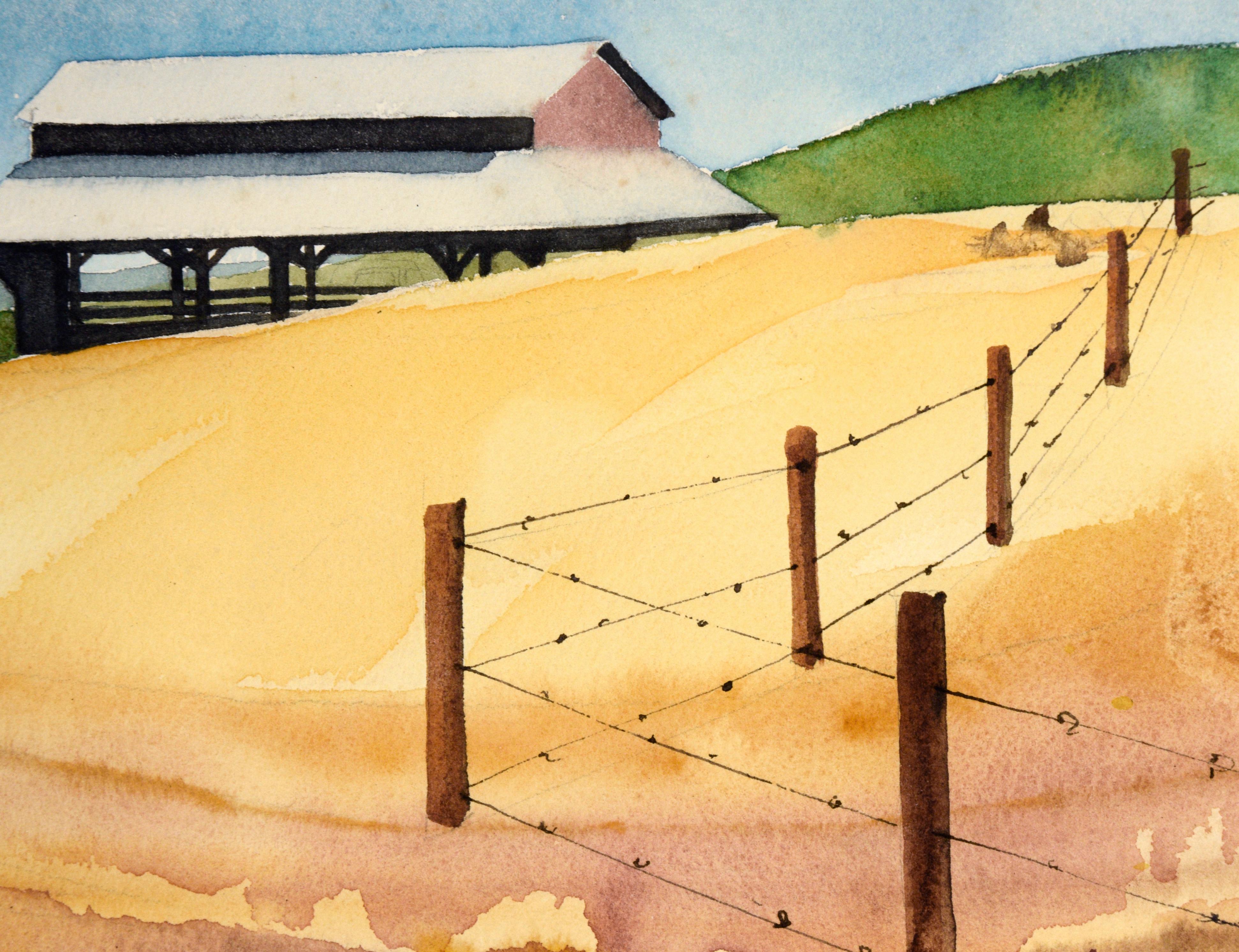 Barn in the Rolling Hills, 1970's Landscape Watercolor on Paper - Beige Landscape Art by Gretchen Guard