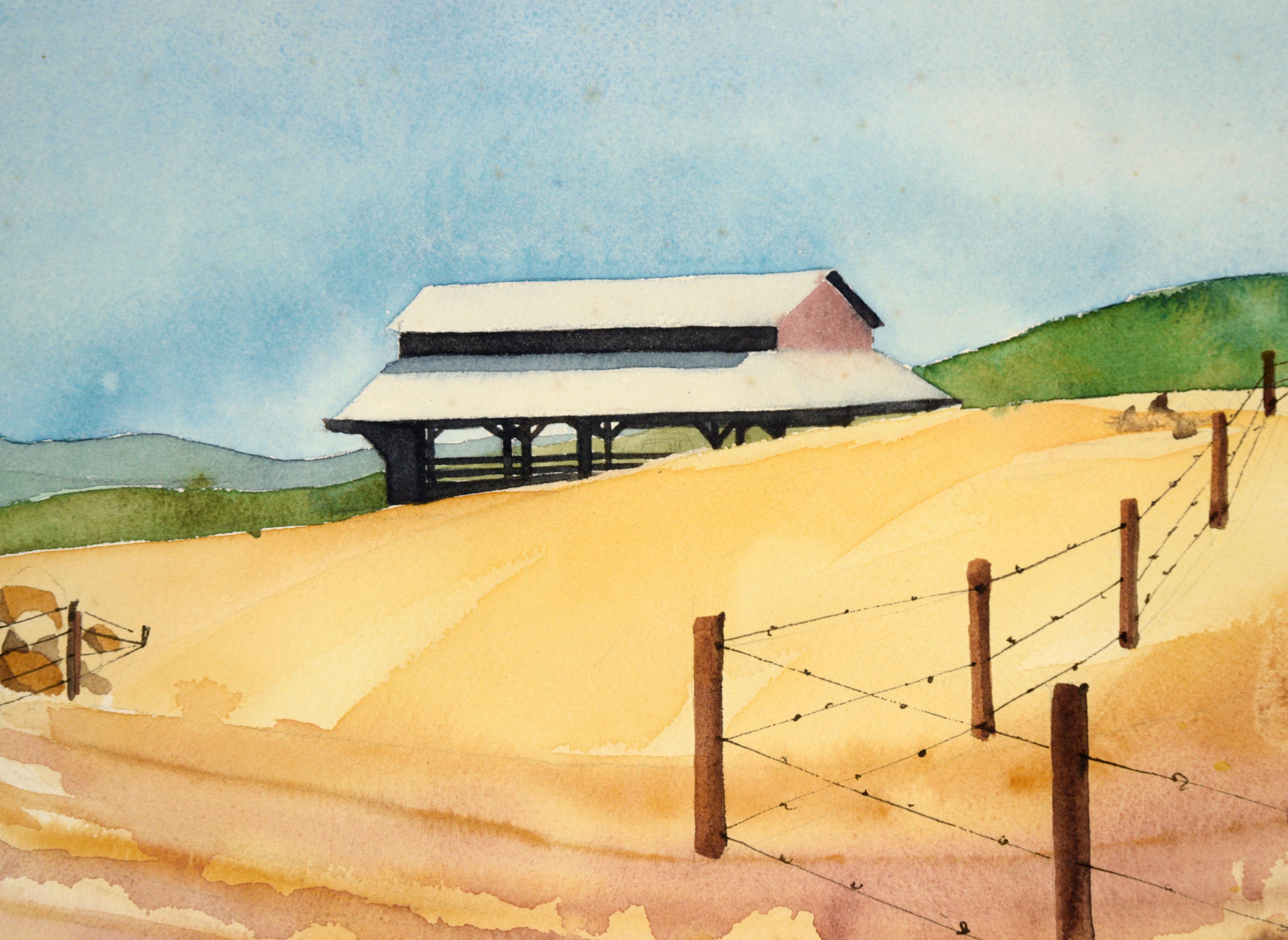 Barn in the Rolling Hills, 1970's Landscape Watercolor on Paper - Realist Art by Gretchen Guard