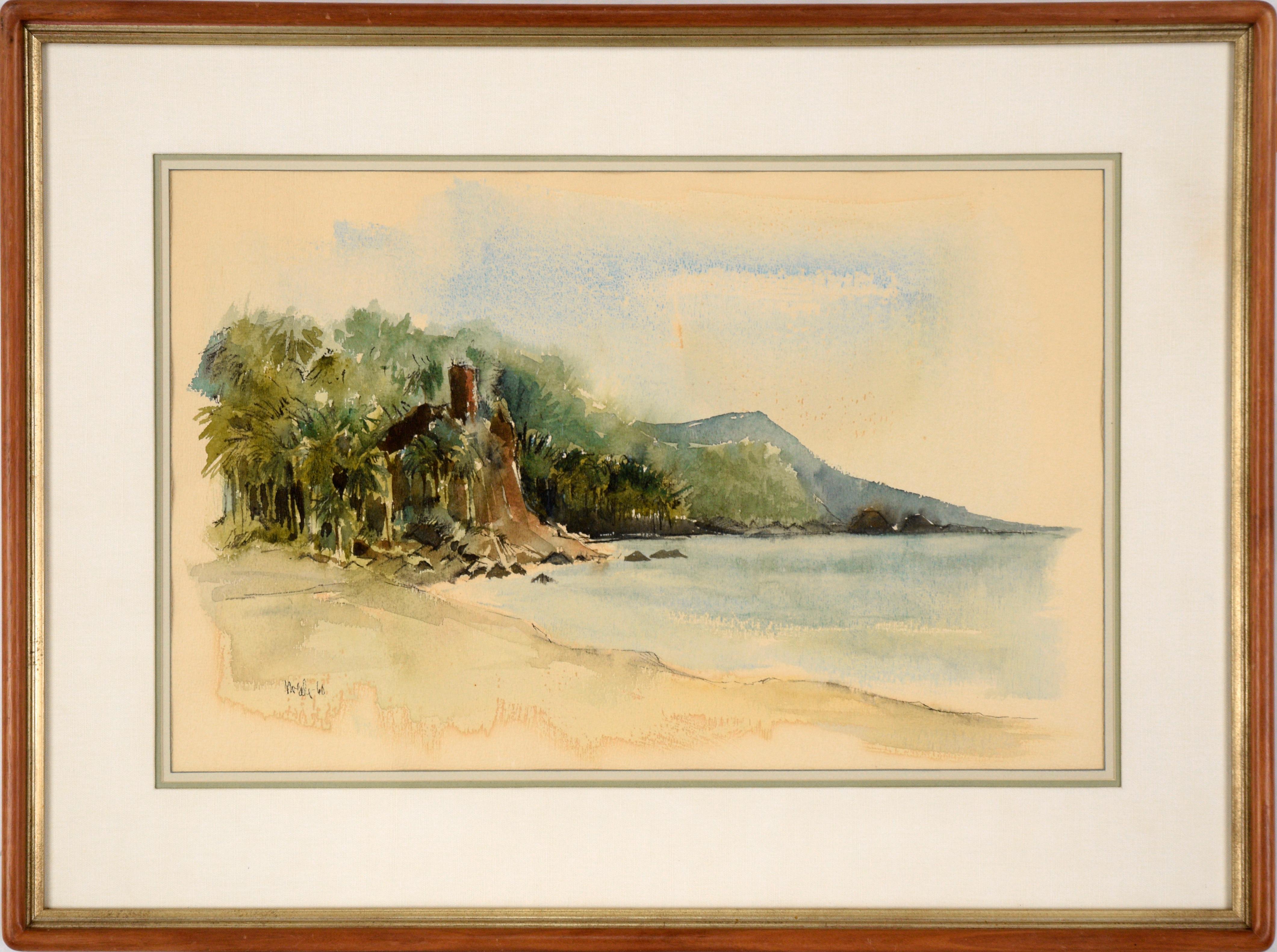 Unknown Landscape Art - Hawaiian Tropical Beach and Mountains - Watercolor on Paper 1960