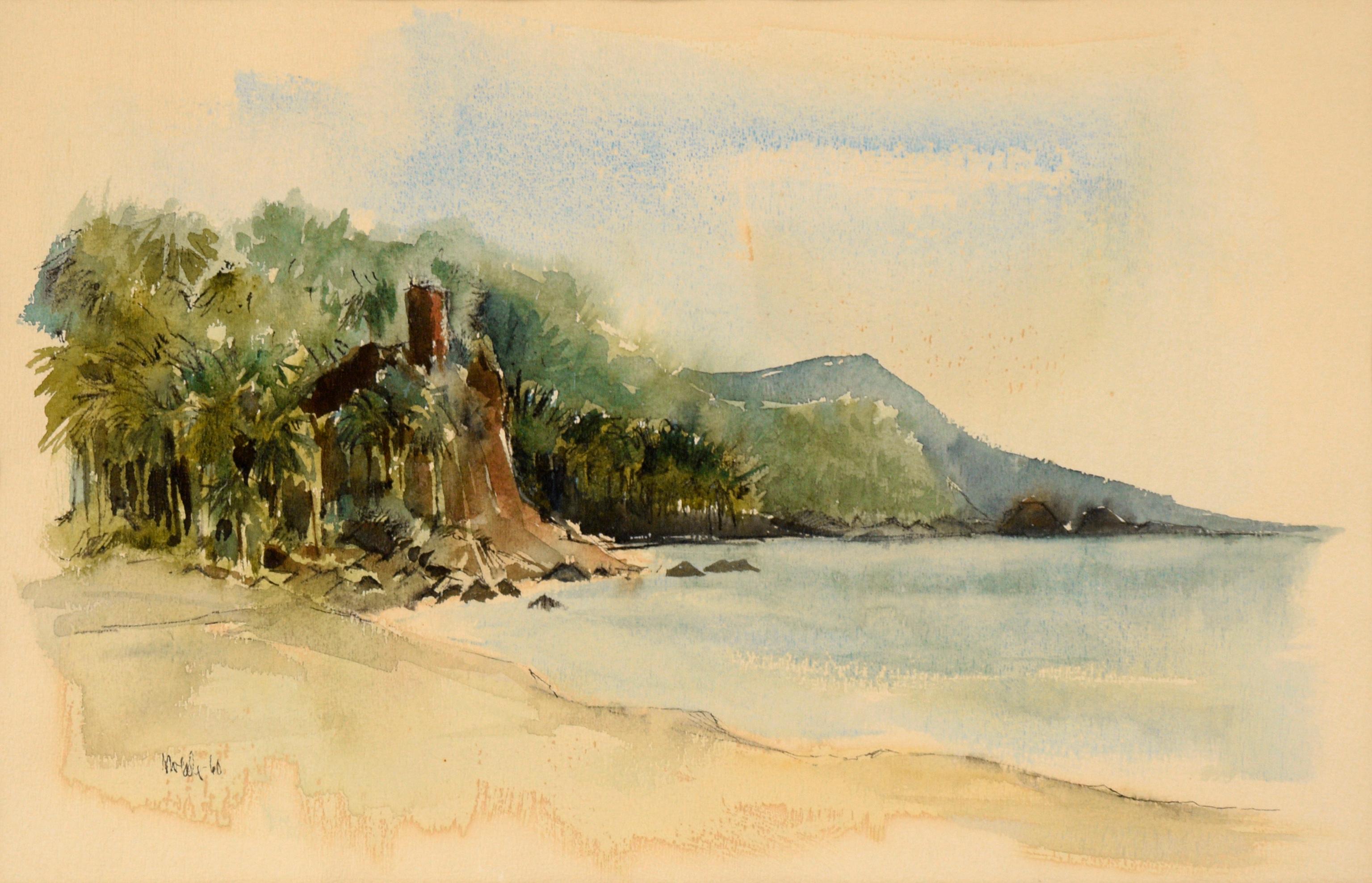 Hawaiian Tropical Beach and Mountains - Watercolor on Paper 1960 - Art by Unknown