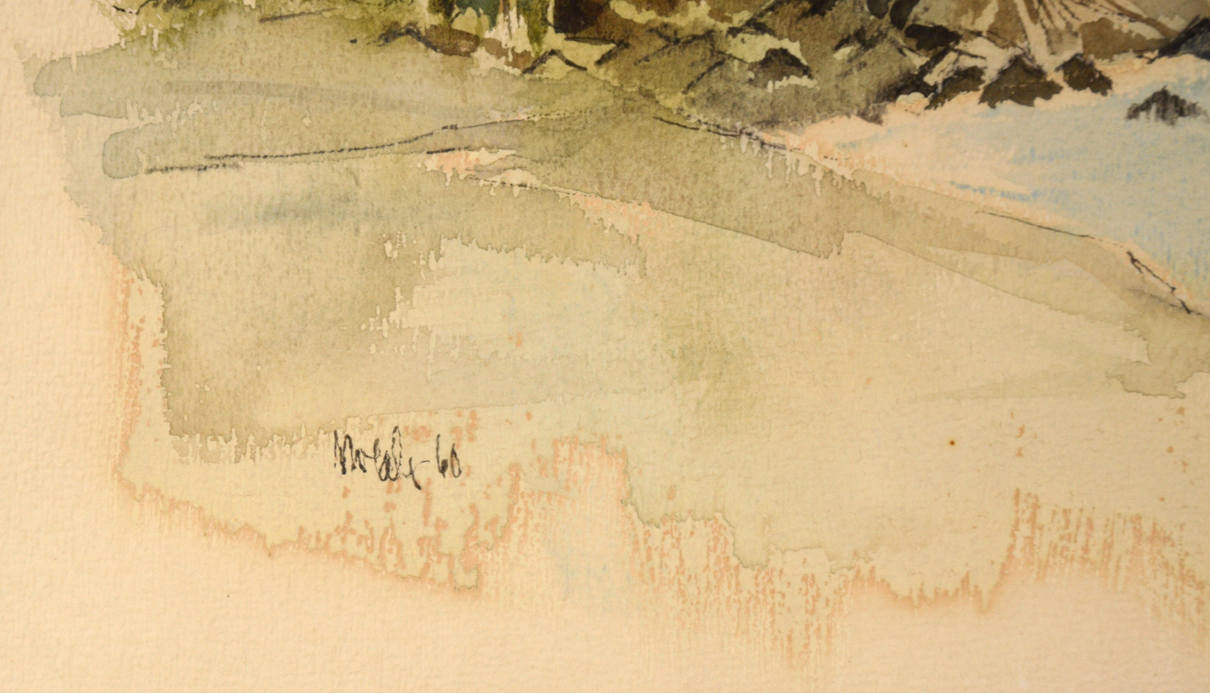 Hawaiian Tropical Beach and Mountains - Watercolor on Paper 1960 - Beige Landscape Art by Unknown
