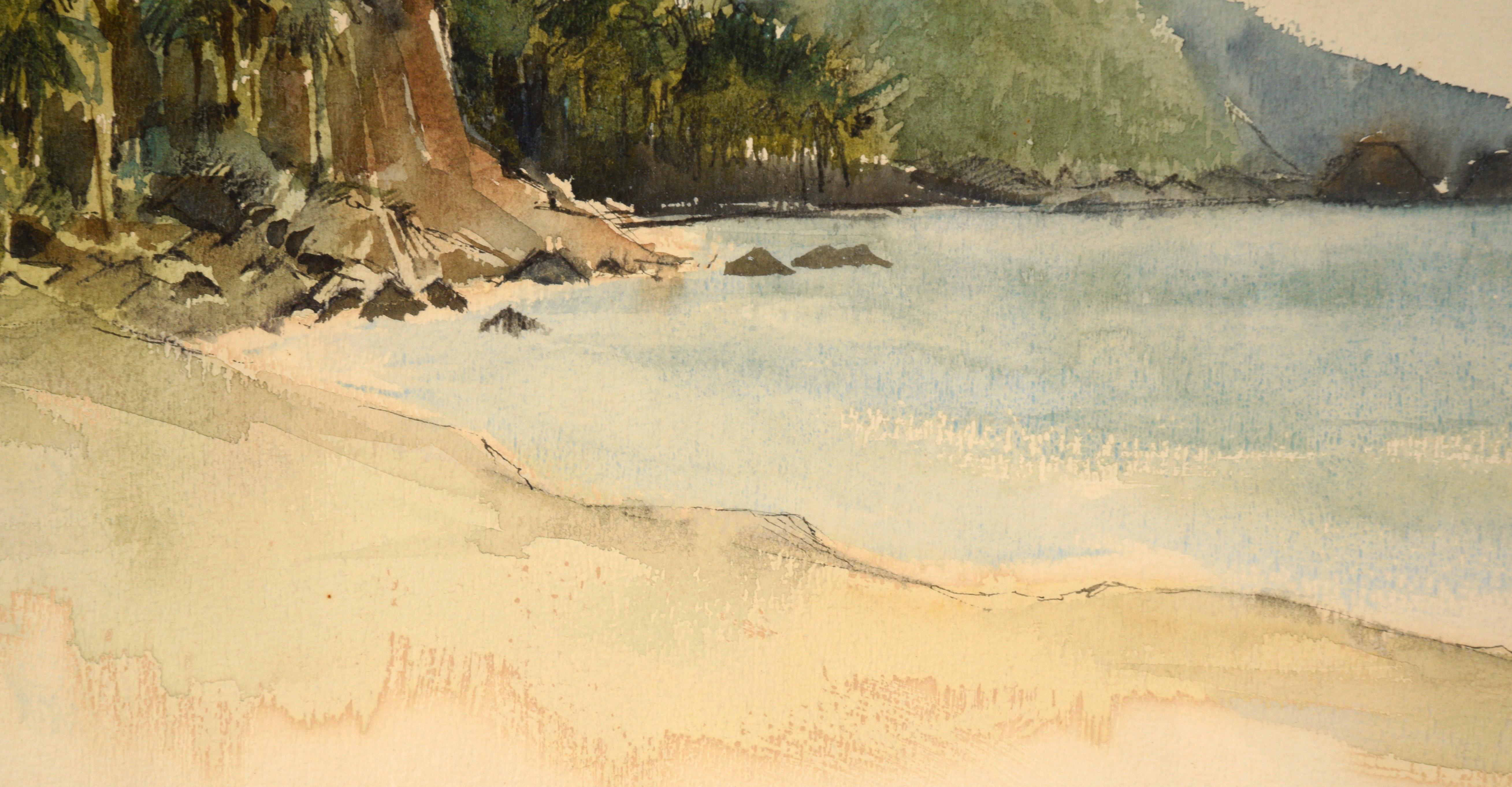 Hawaiian Tropical Beach and Mountains - Watercolor on Paper 1960 - Impressionist Art by Unknown