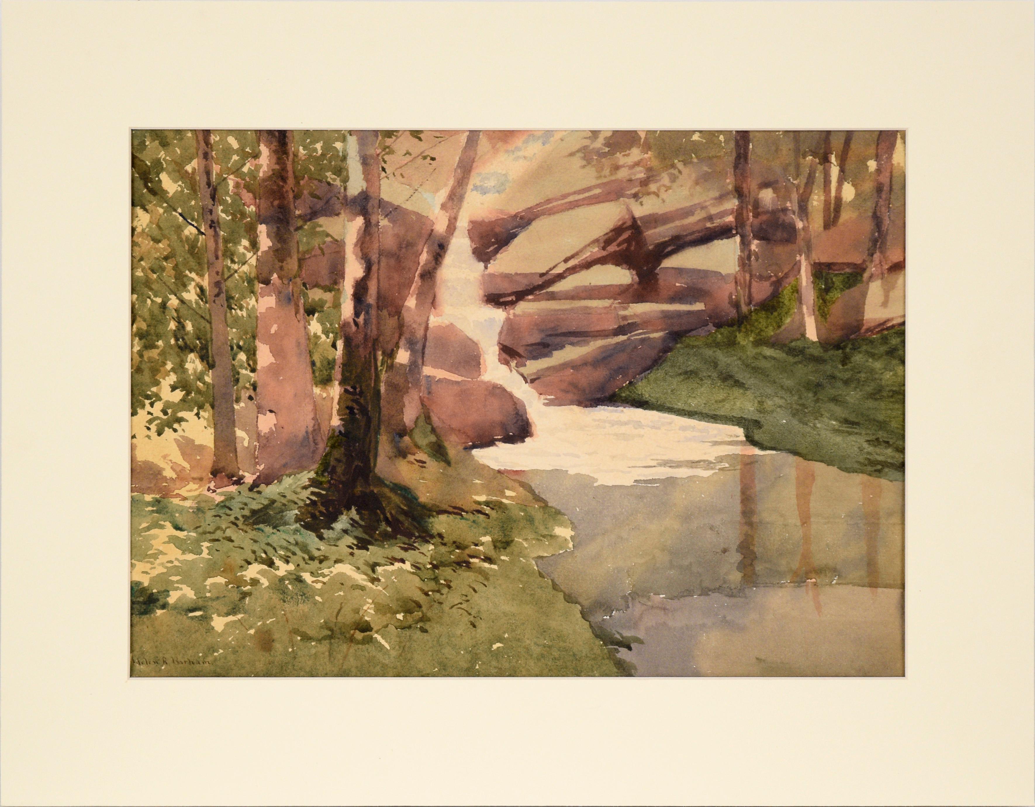 Helen R. Barham Landscape Art - Cascading Stream in the Woods - Watercolor Landscape on Paper