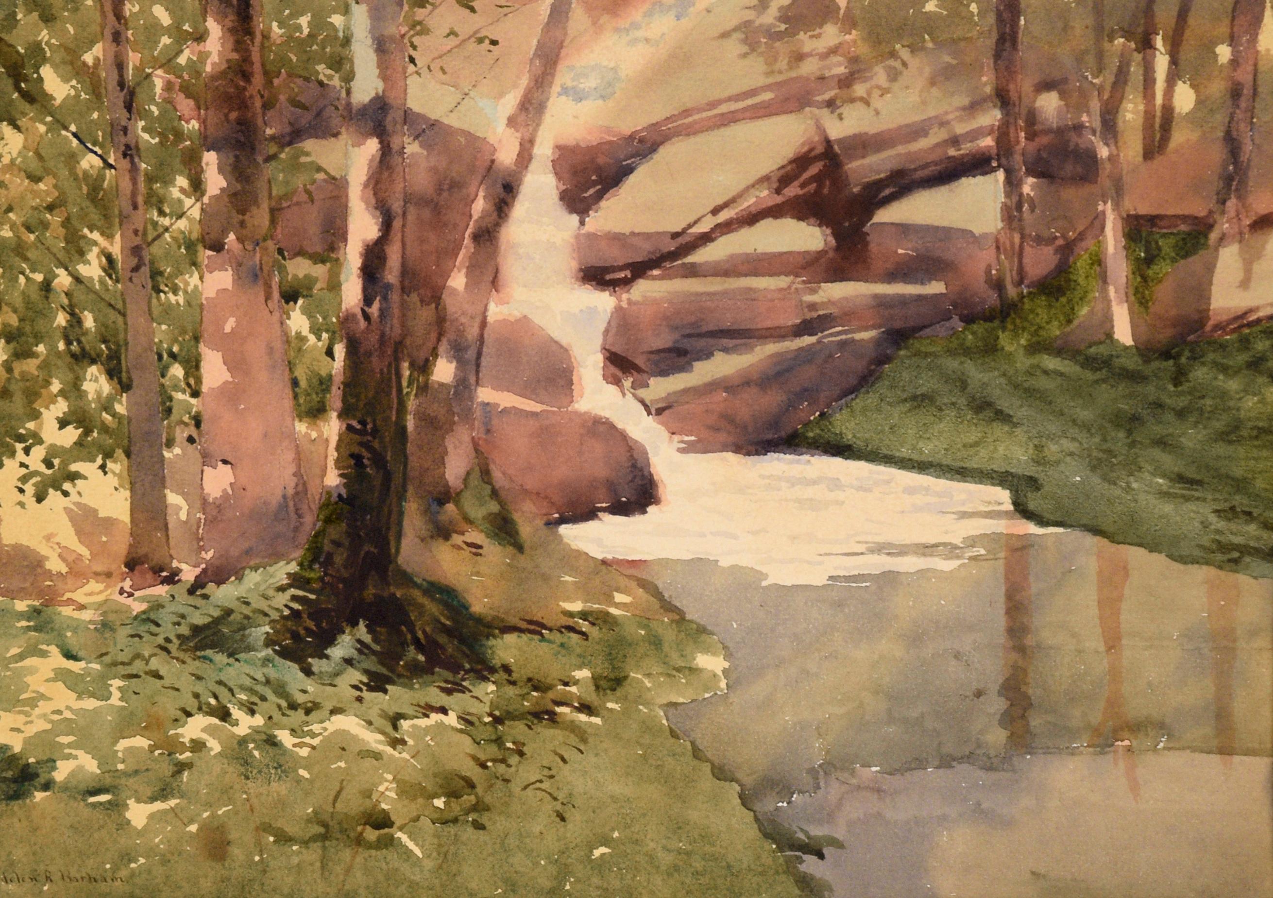 Cascading Stream in the Woods - Watercolor Landscape on Paper - Art by Helen R. Barham