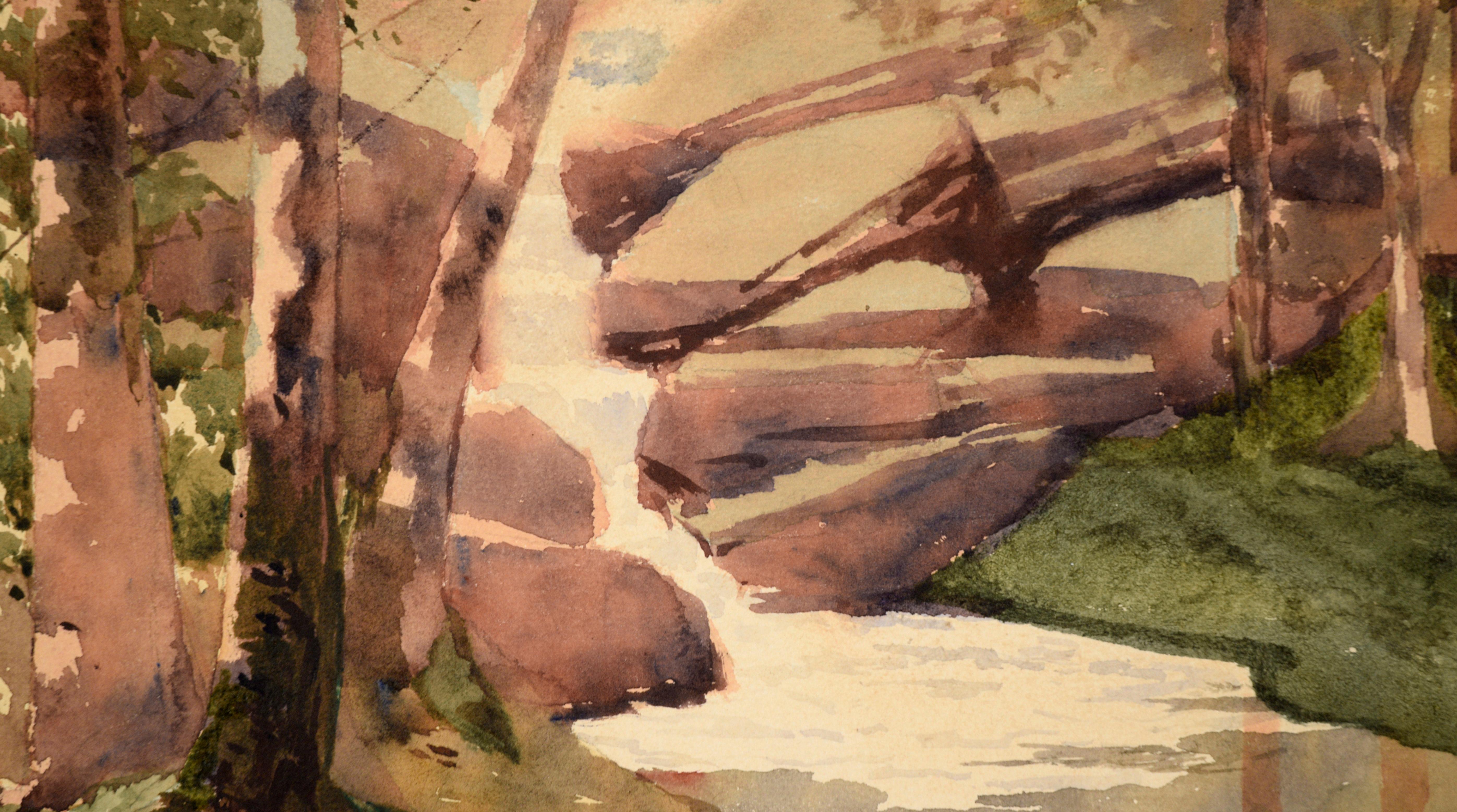 Cascading Stream in the Woods - Watercolor Landscape on Paper - American Impressionist Art by Helen R. Barham