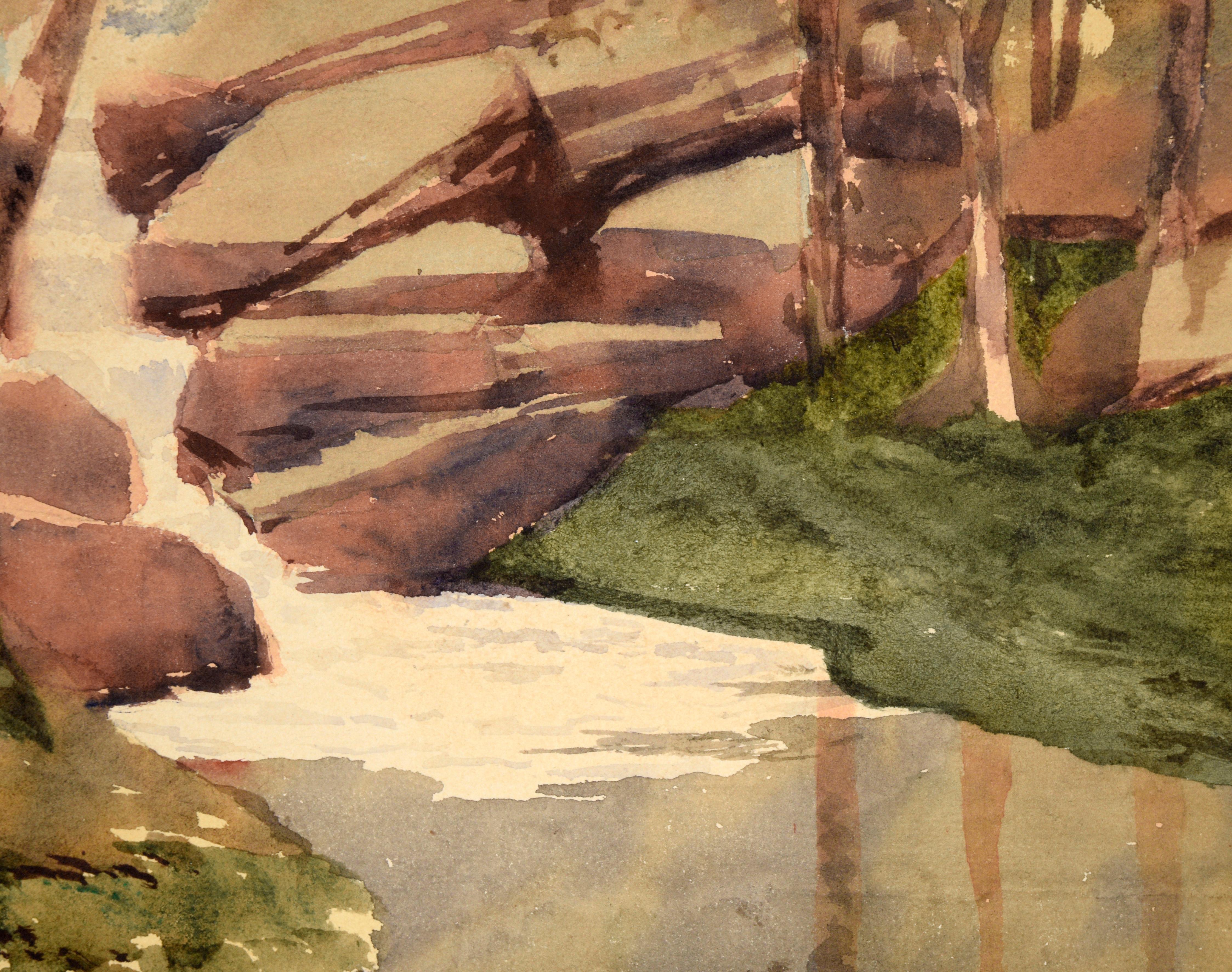 Cascading Stream in the Woods - Watercolor Landscape on Paper - Beige Landscape Art by Helen R. Barham