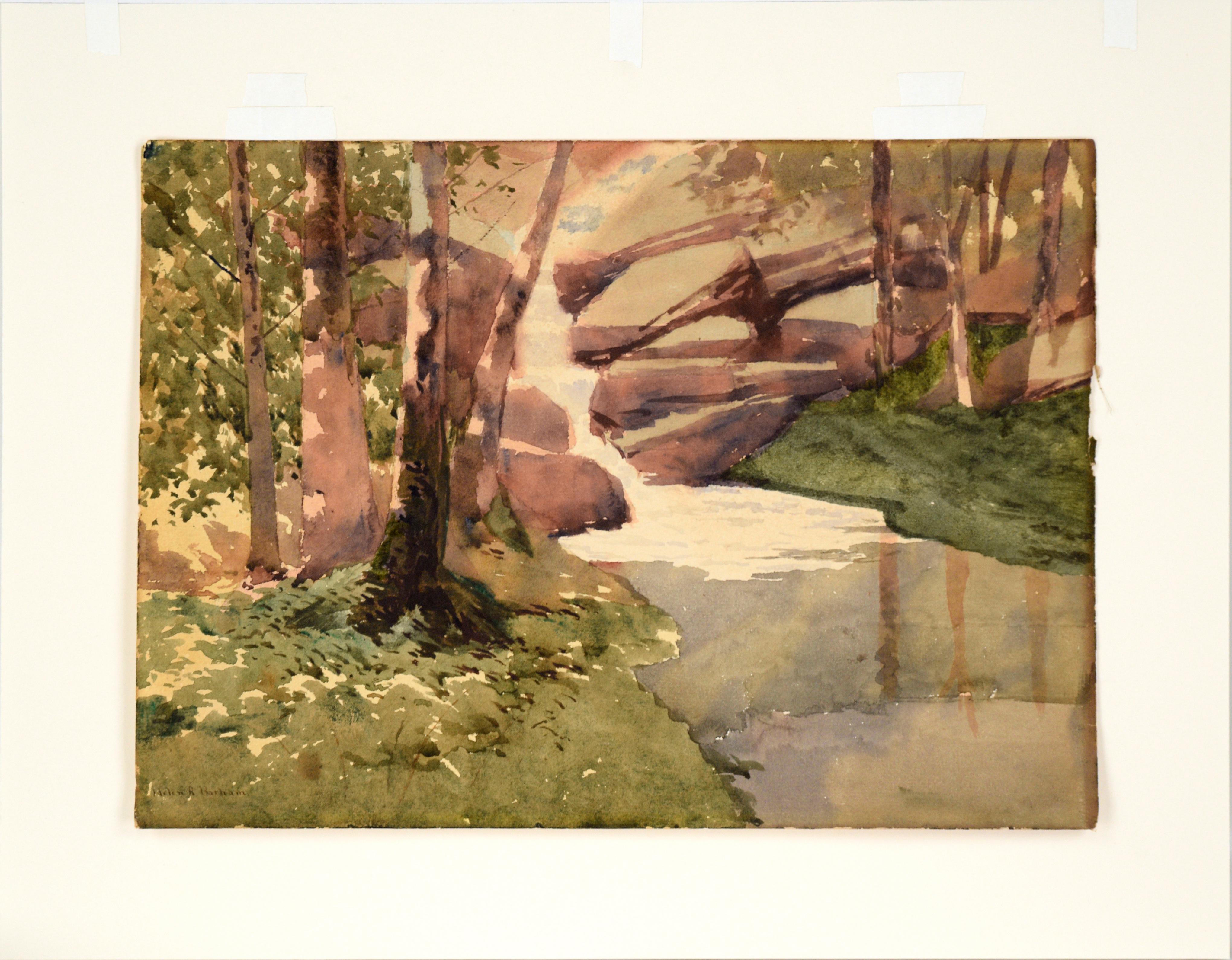 Cascading Stream in the Woods - Watercolor Landscape on Paper For Sale 3