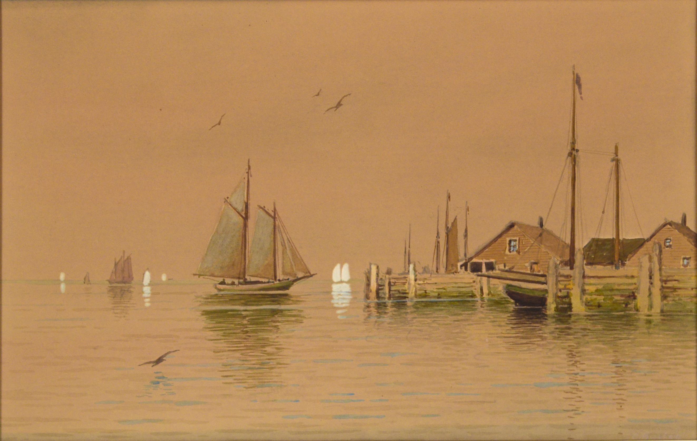 Gloucester Harbor Docking the Boat 1900 Two Masted Schooner - Art by C Bailey
