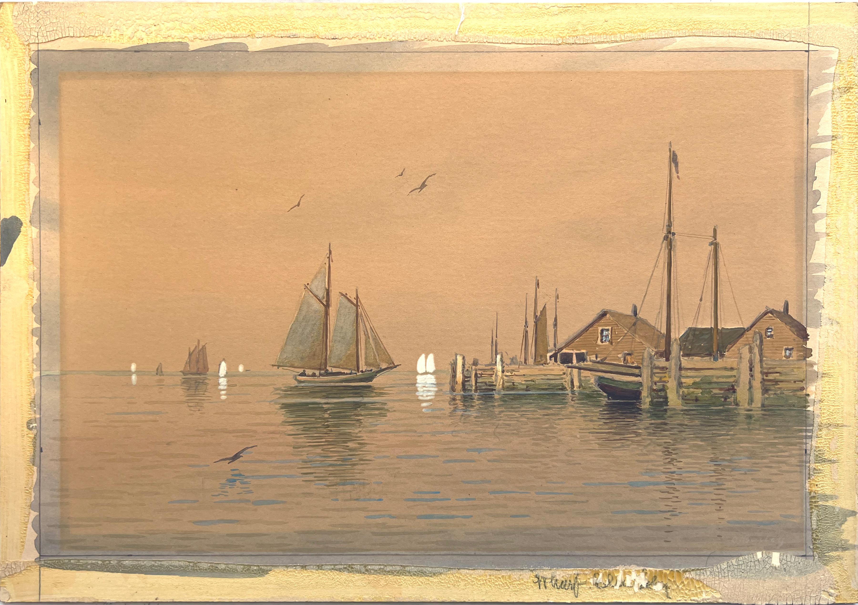 Gloucester Harbor Docking the Boat 1900 Two Masted Schooner - American Impressionist Art by C Bailey