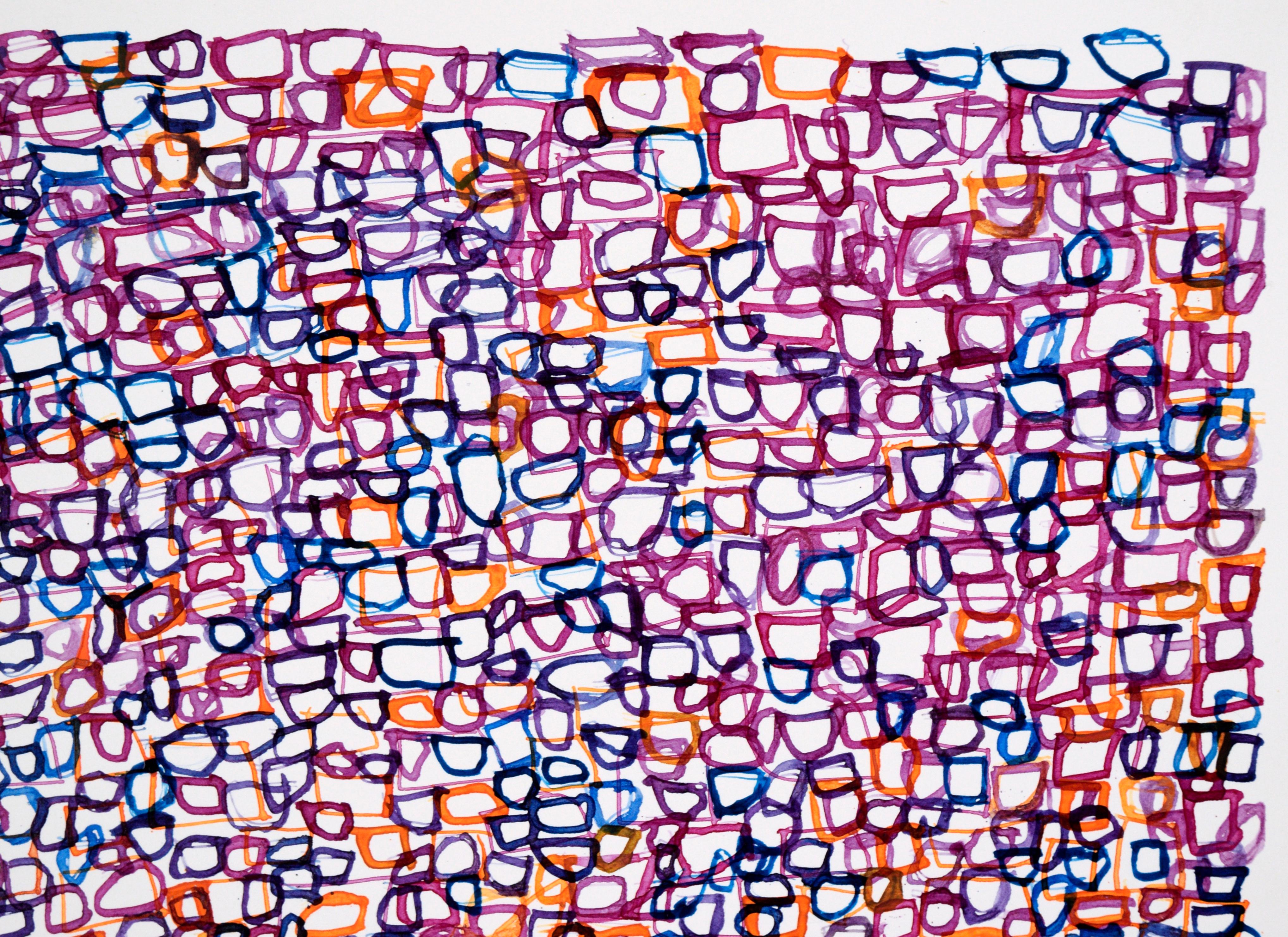 Abstract patterned work by Geanna Shattuc (American, b. 1963). Consisting of overlapping rectangular shapes, this piece is simultaneously repetitive and dynamic - although the colors and shapes are repeated, no two are alike. This creates a sense of
