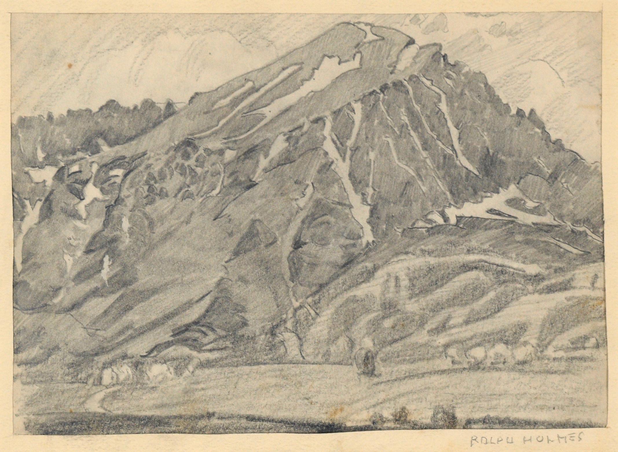 San Gabriel Berglandschaft in Schwarz und Weiß - Graphitstift auf Papier – Art von Ralph Holmes
