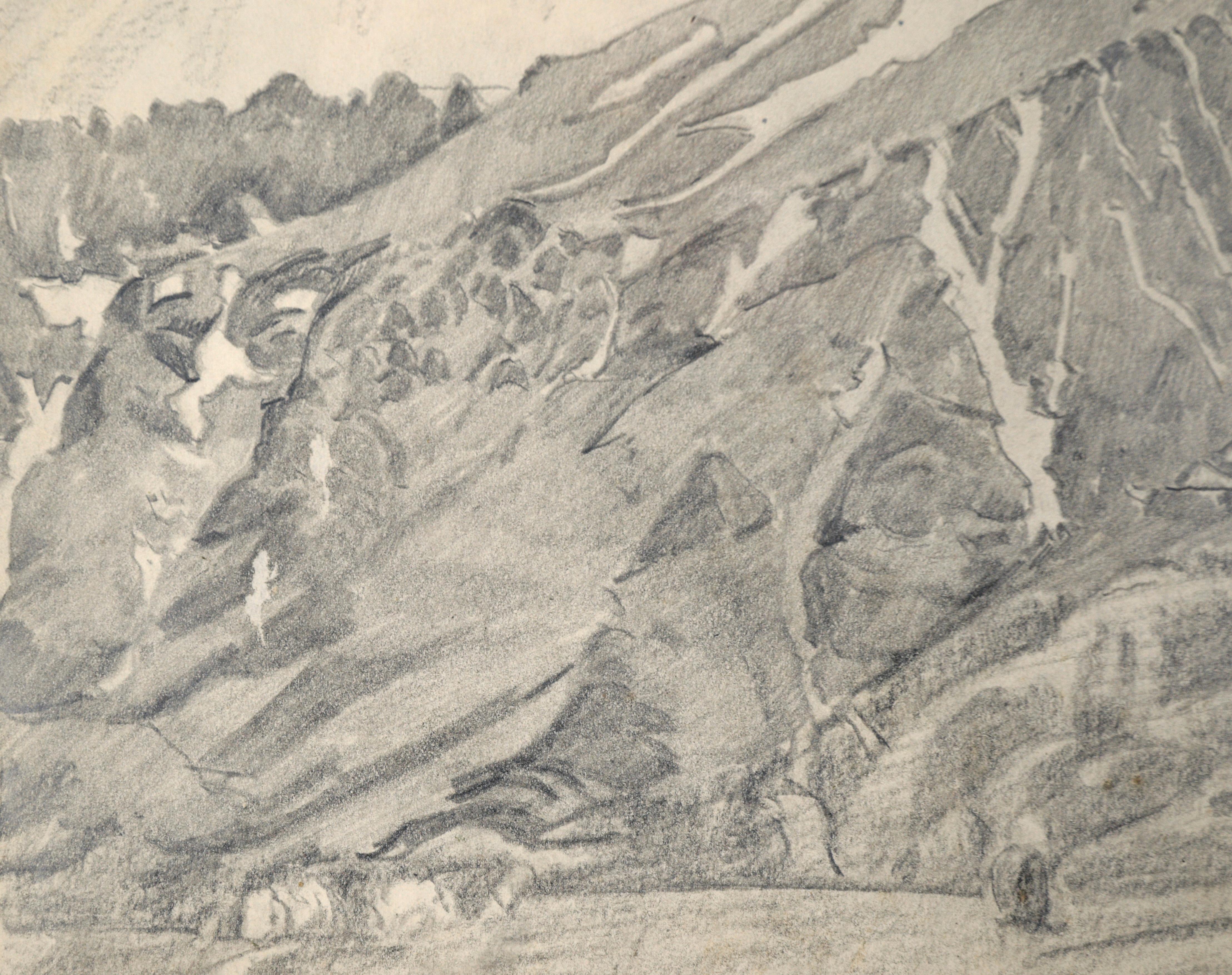 San Gabriel Berglandschaft in Schwarz und Weiß - Graphitstift auf Papier (Beige), Landscape Art, von Ralph Holmes
