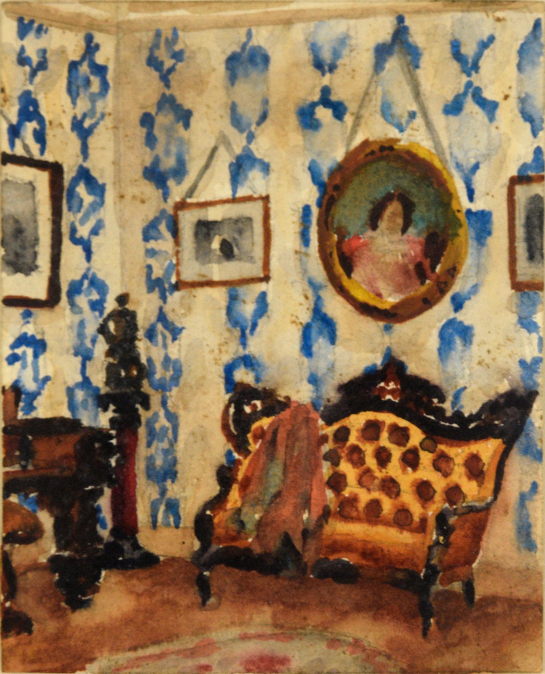 Ein stattliches Paar Aquarelle von David Mode Payne (Amerikaner, 1907-1985). Die dargestellte Szene ist das Innere eines opulenten Raums mit fein gearbeiteten Möbeln und Gemälden, die an einer Wand mit blau gemusterter Tapete hängen. Die Szene setzt
