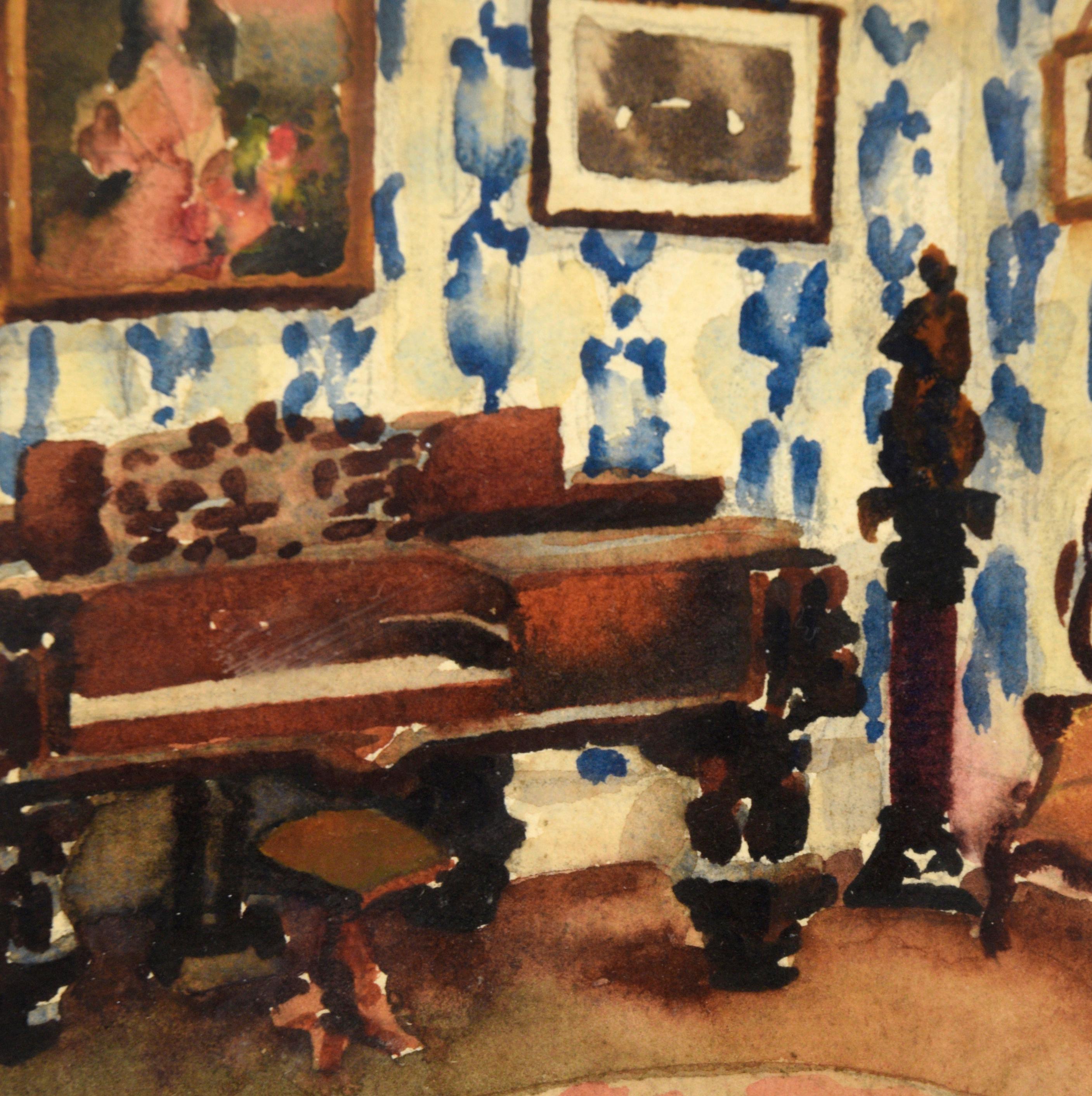 Pair of Interior Scenes of a Victorian Home - Watercolor on Heavy Paper - Brown Interior Art by David Mode Payne