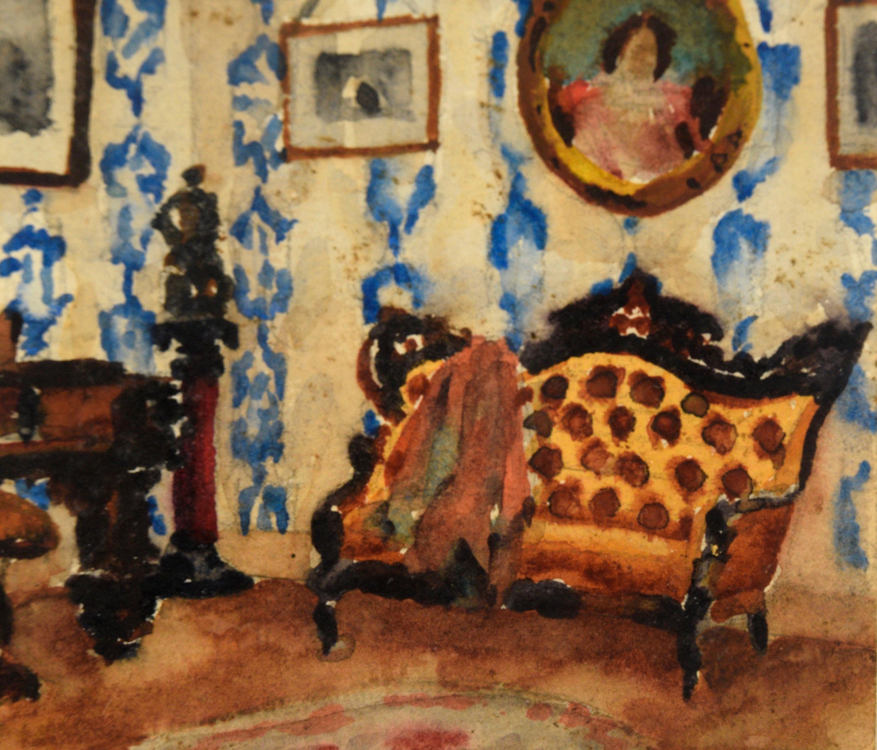 Pair of Interior Scenes of a Victorian Home - Watercolor on Heavy Paper For Sale 1