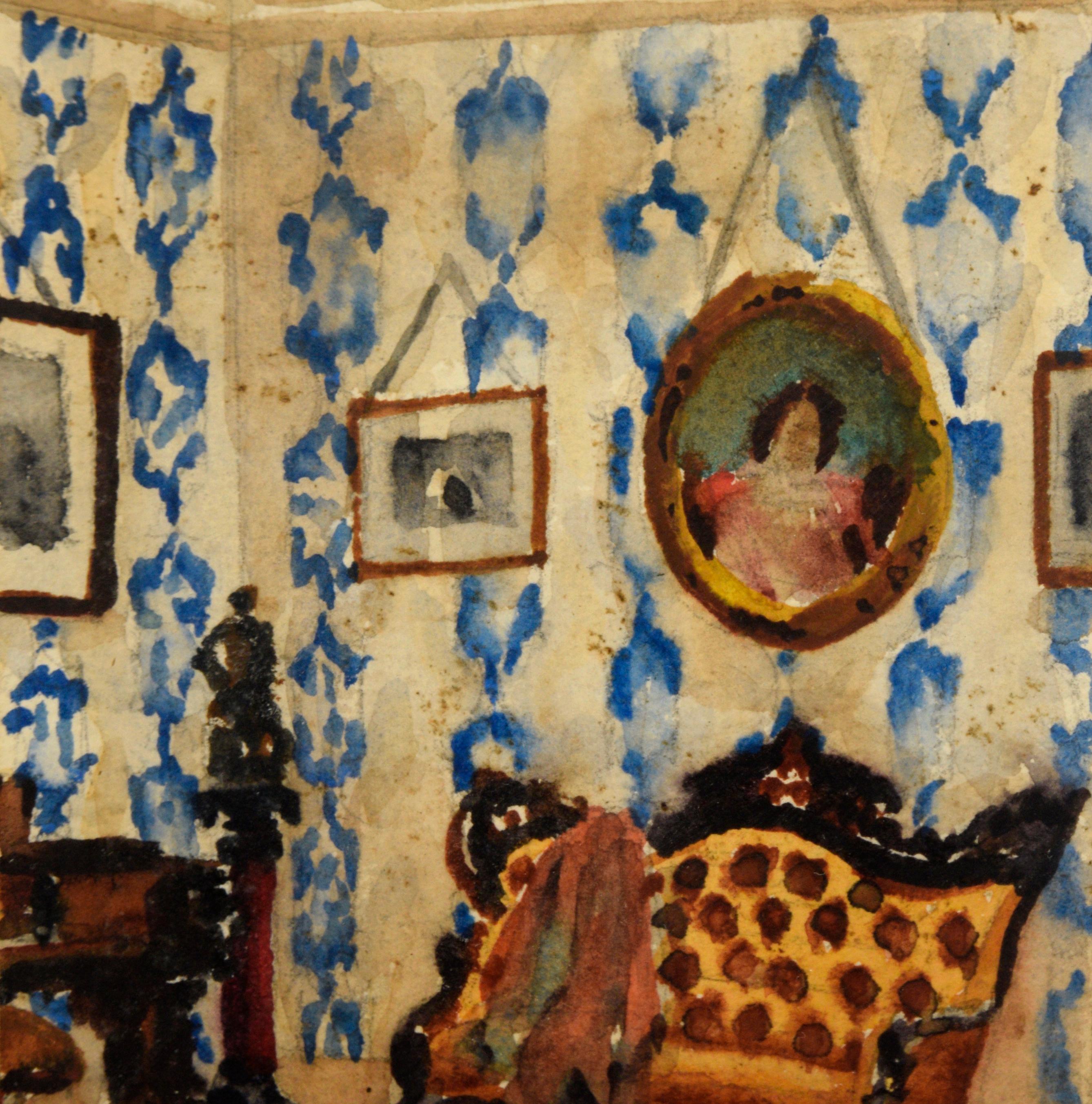 Stately pair of watercolors by David Mode Payne (American, 1907-1985). The scene depicted is an interior of an opulent room, with finely crafted furniture and paintings hanging on a wall with blue patterned wallpaper. The scene continues across the