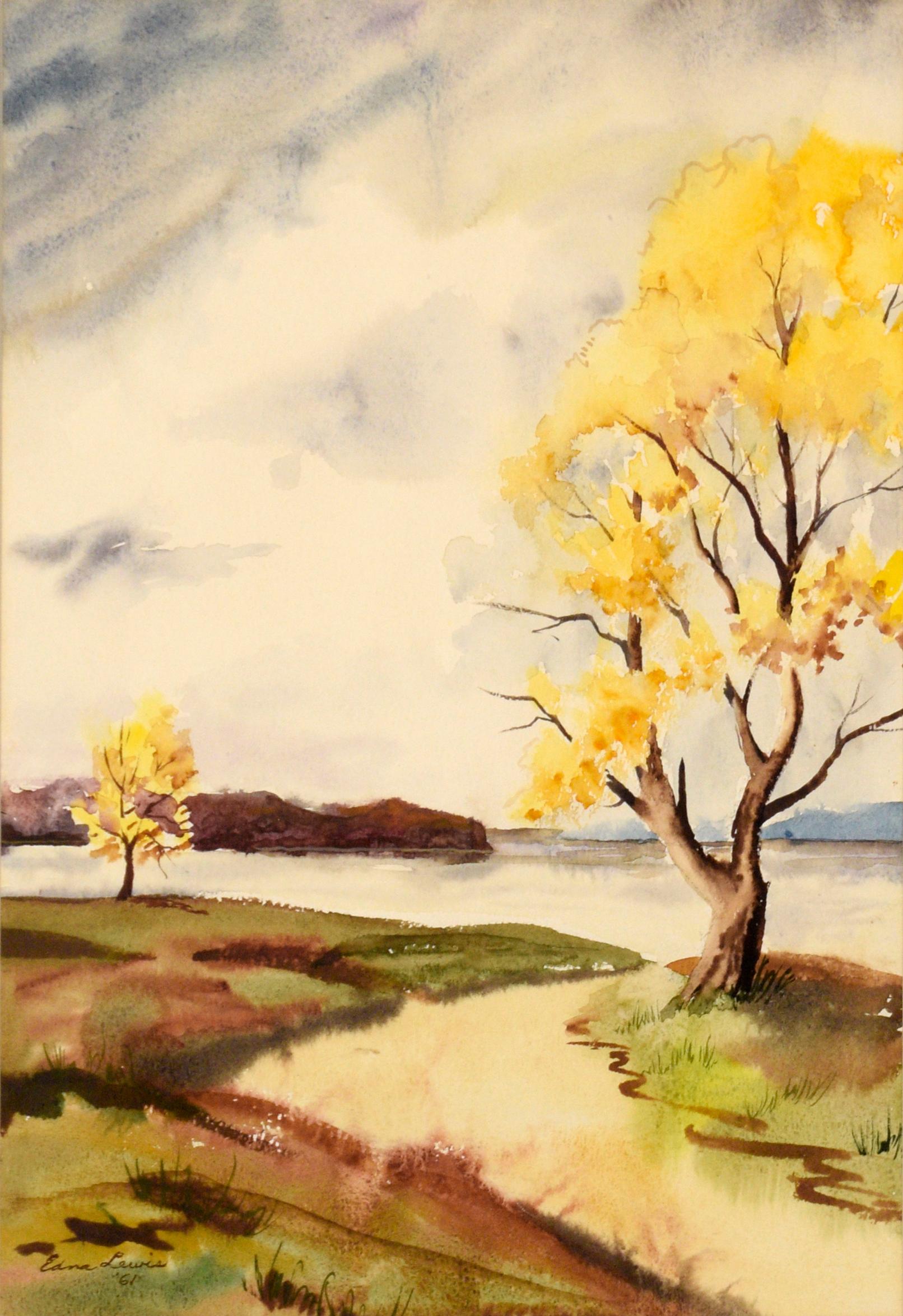 Lake Landscape with Yellow Trees - Watercolor on Paper - Art by Edna Evelyn Sutherland Lewis