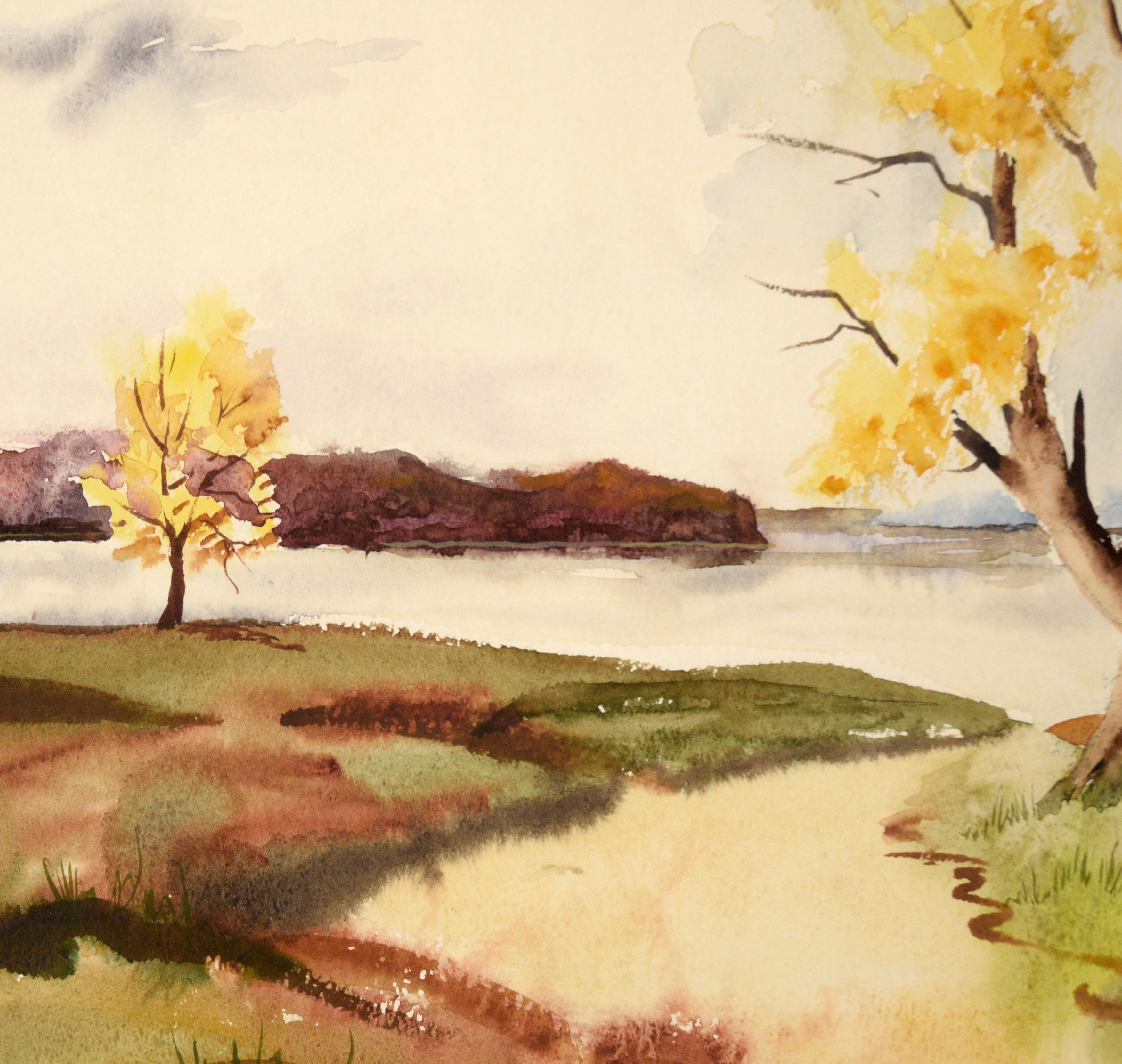 Lake Landscape with Yellow Trees - Watercolor on Paper - American Impressionist Art by Edna Evelyn Sutherland Lewis