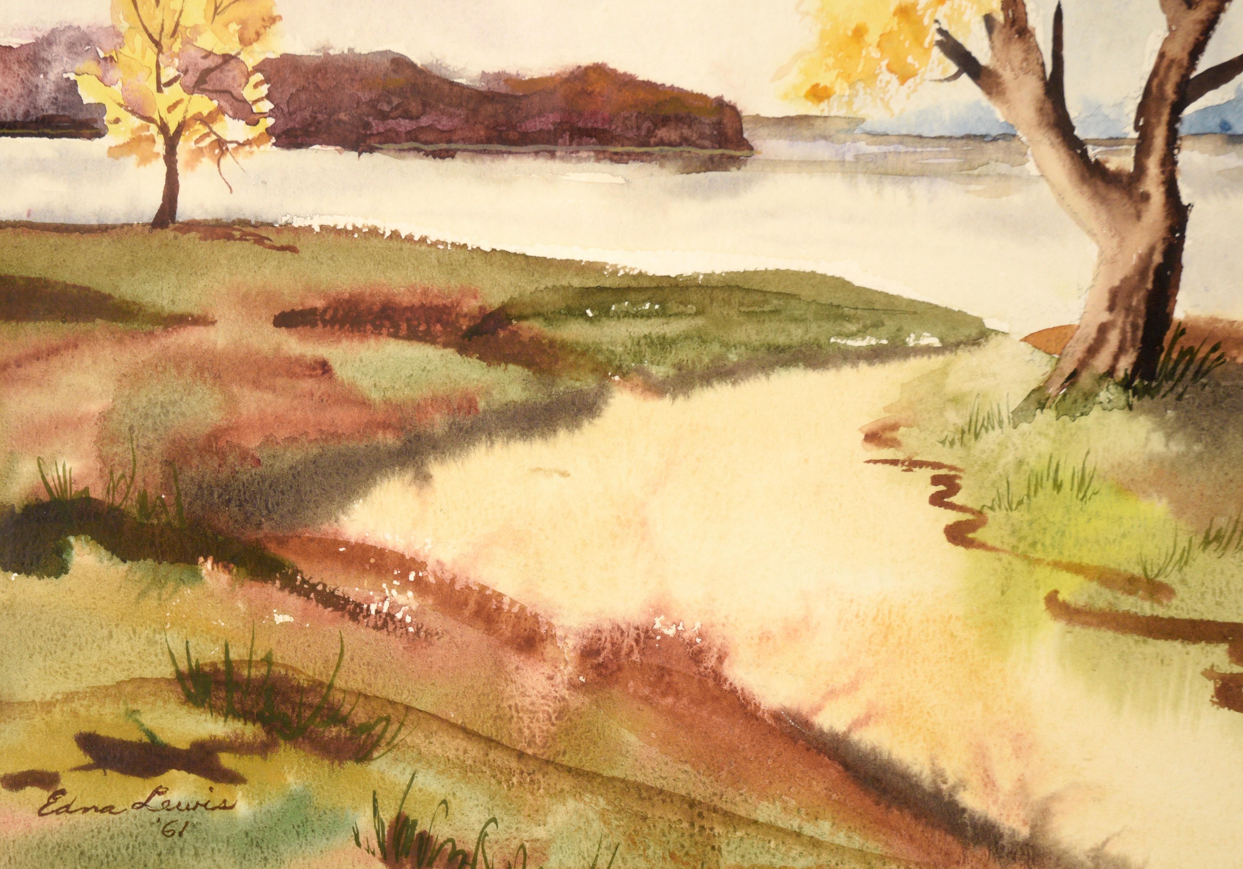 Lake Landscape with Yellow Trees - Watercolor on Paper - Beige Landscape Art by Edna Evelyn Sutherland Lewis