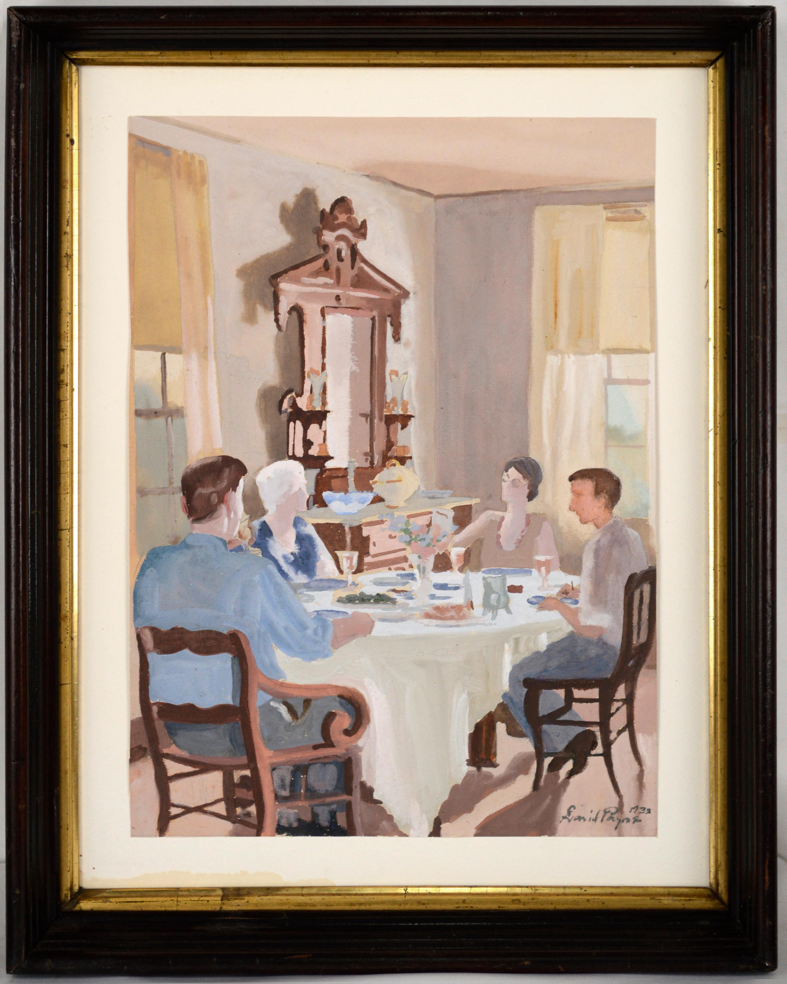 David Mode Payne Figurative Art - Family Dinner Time 1932 American Classic Interior Design