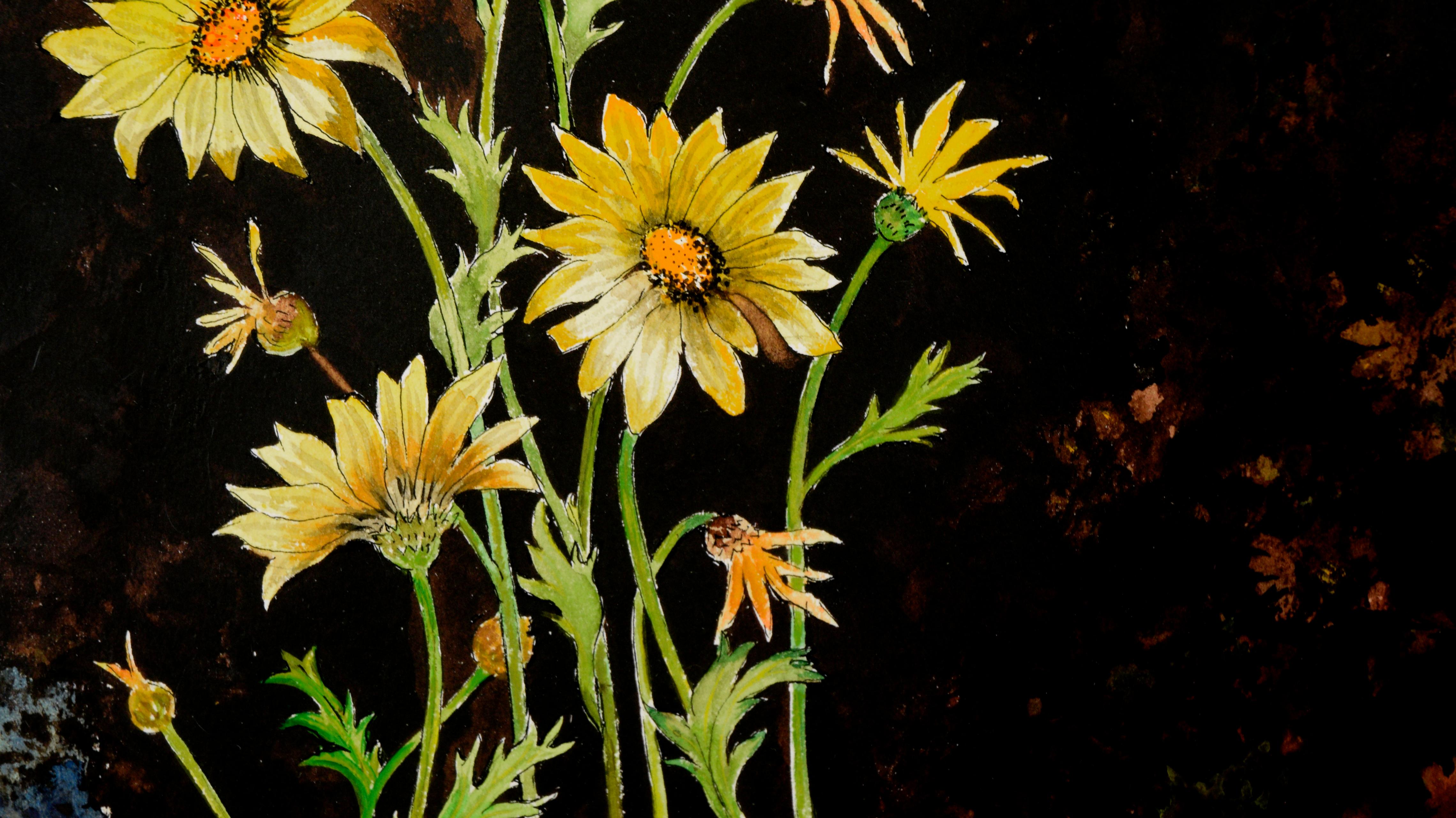 „Yellow Daises“ – Aquarell auf Zeichenkarton (Schwarz), Still-Life, von Olga Degles