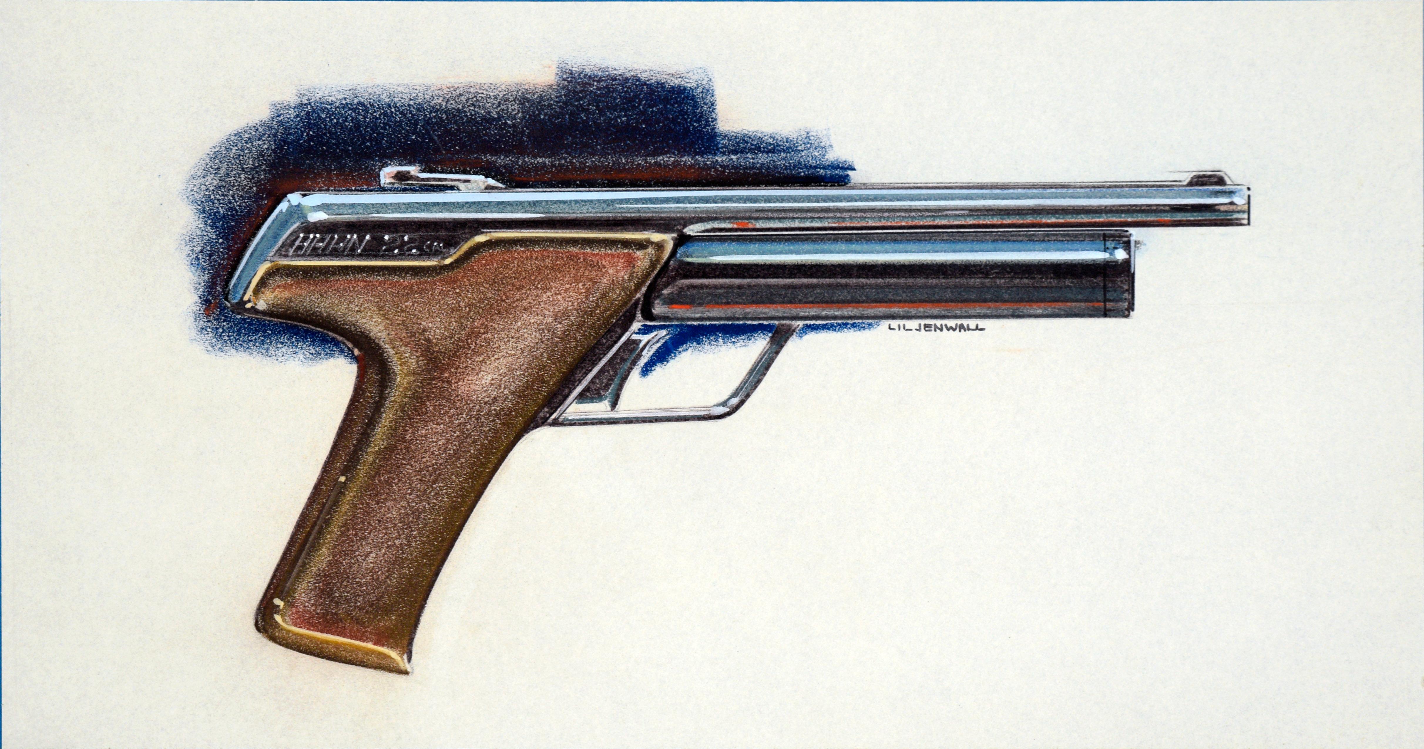 Crayon Hahn Air Pistol Design Drawings - Encre sur papier Designer HP35 calculator - Art de Edward T. Liljenwall