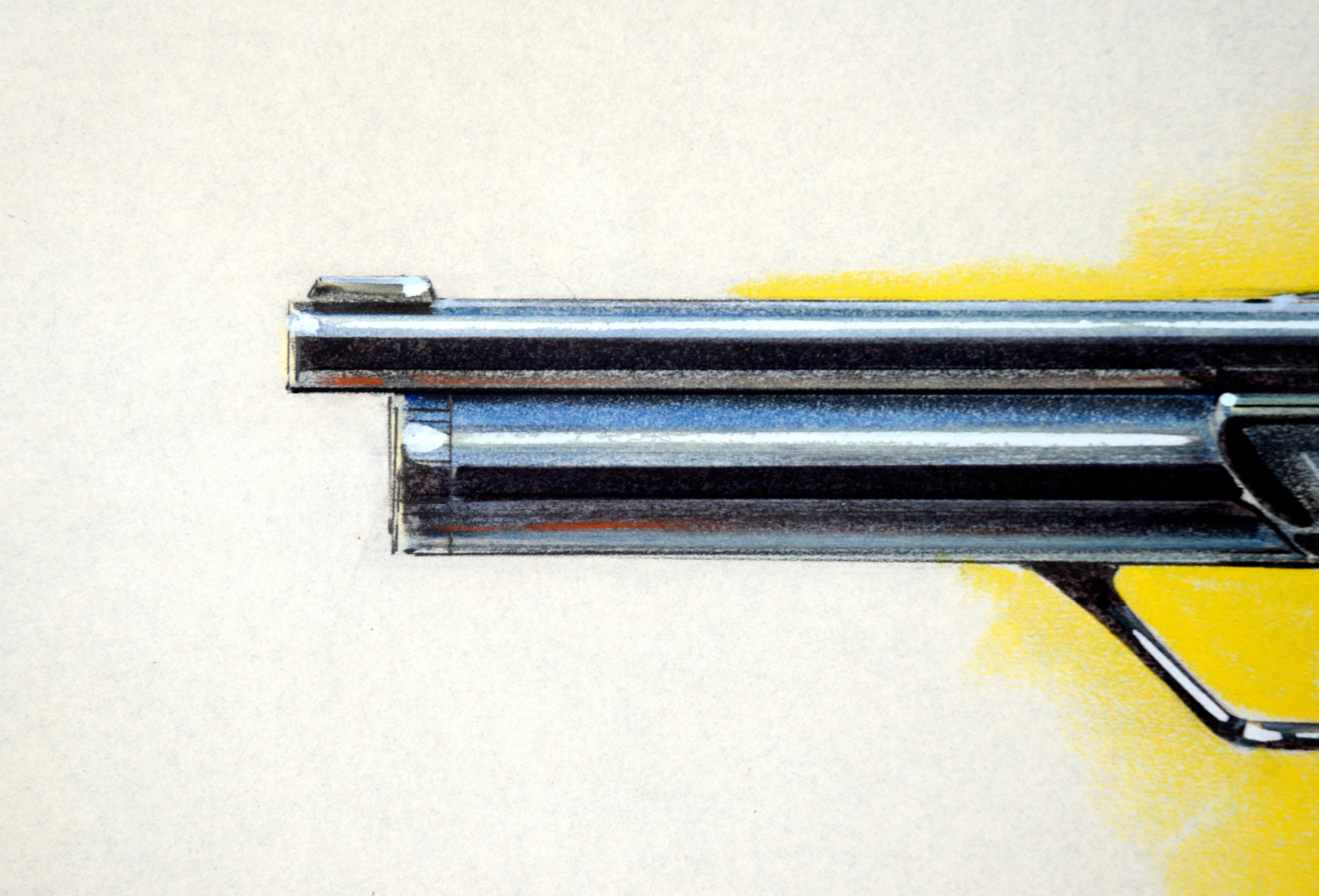 Three design-quality illustrations of Hahn (Steyr-Hahn) brand Air Pellet Pistols by Edward T. Liljenwall (American, 1943-2010). Each pistol is expertly rendered, with smooth shading and specific details. Proto-type design of a Hahn co2 Pellgun