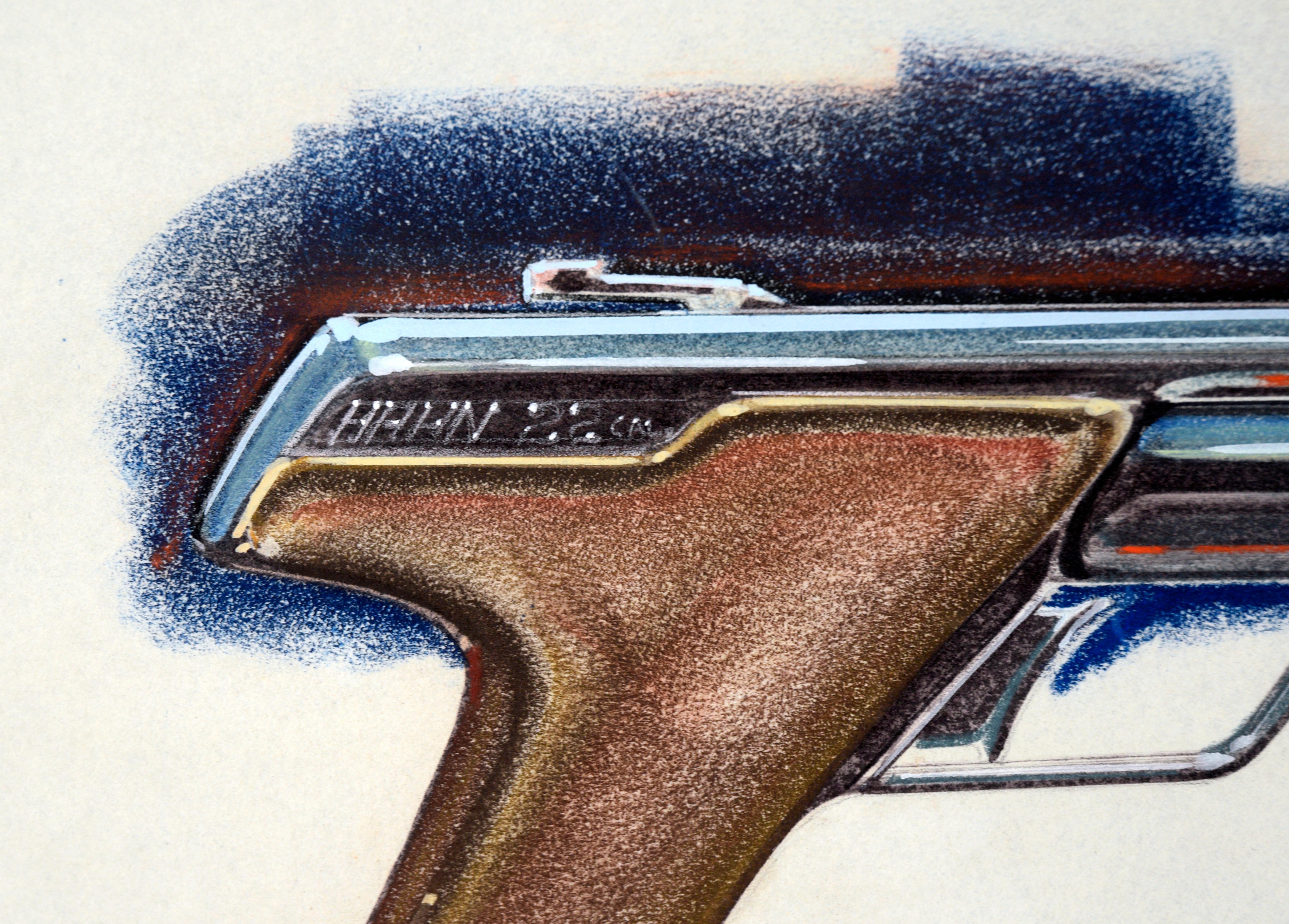 Trois illustrations de qualité de pistolets à air comprimé de marque Hahn (Steyr-Hahn) par Edward T. Liljenwall (Américain, 1943-2010). Chaque pistolet est rendu de manière experte, avec des ombres douces et des détails précis. Prototype de pistolet