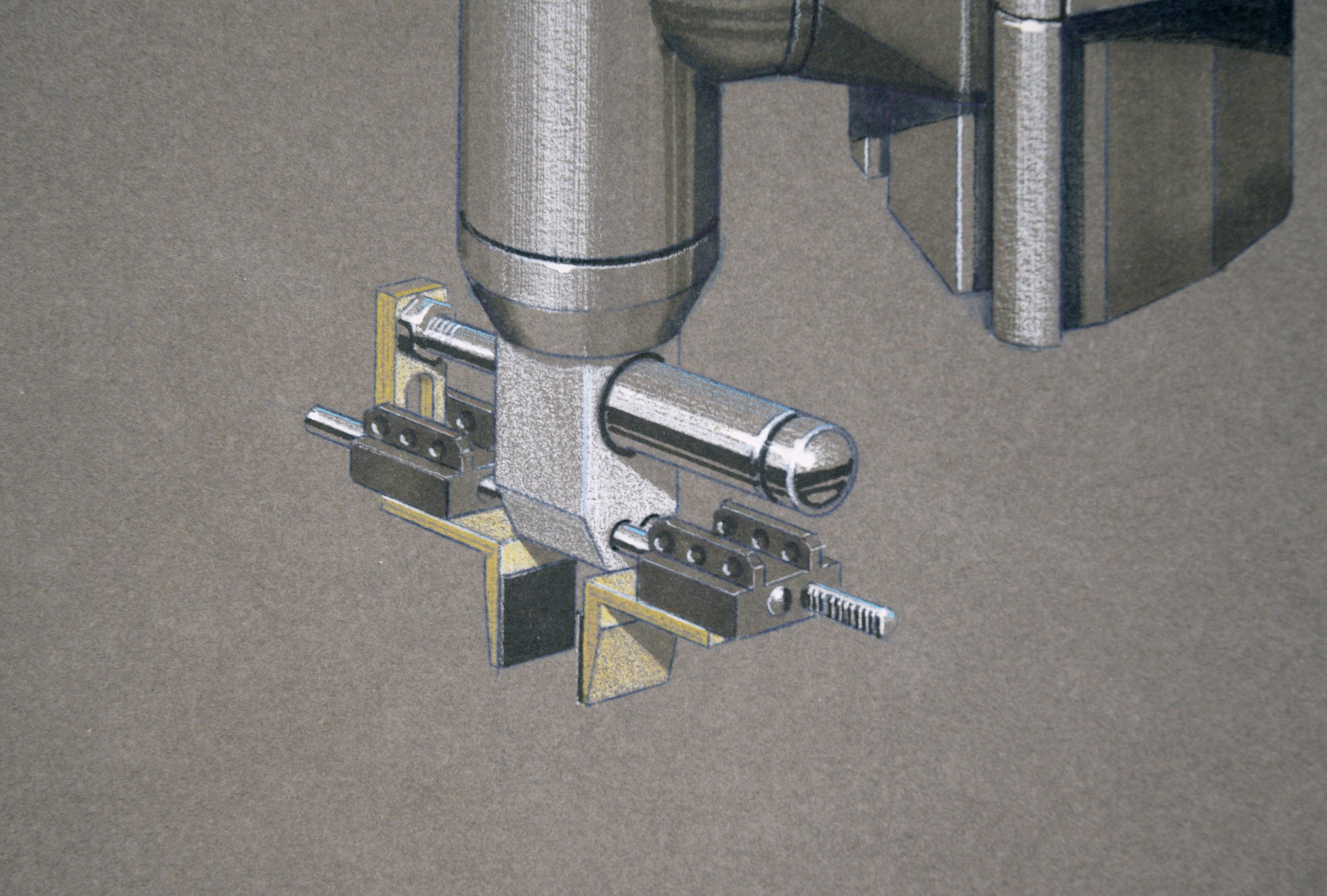 Illustrations de qualité des machines Intelledex par Edward T. Liljenwall (Américain, 1943-2010). La machine est rendue de manière experte, avec des ombres douces et des détails précis. Les reflets du métal sont ajoutés à la gouache, créant ainsi un