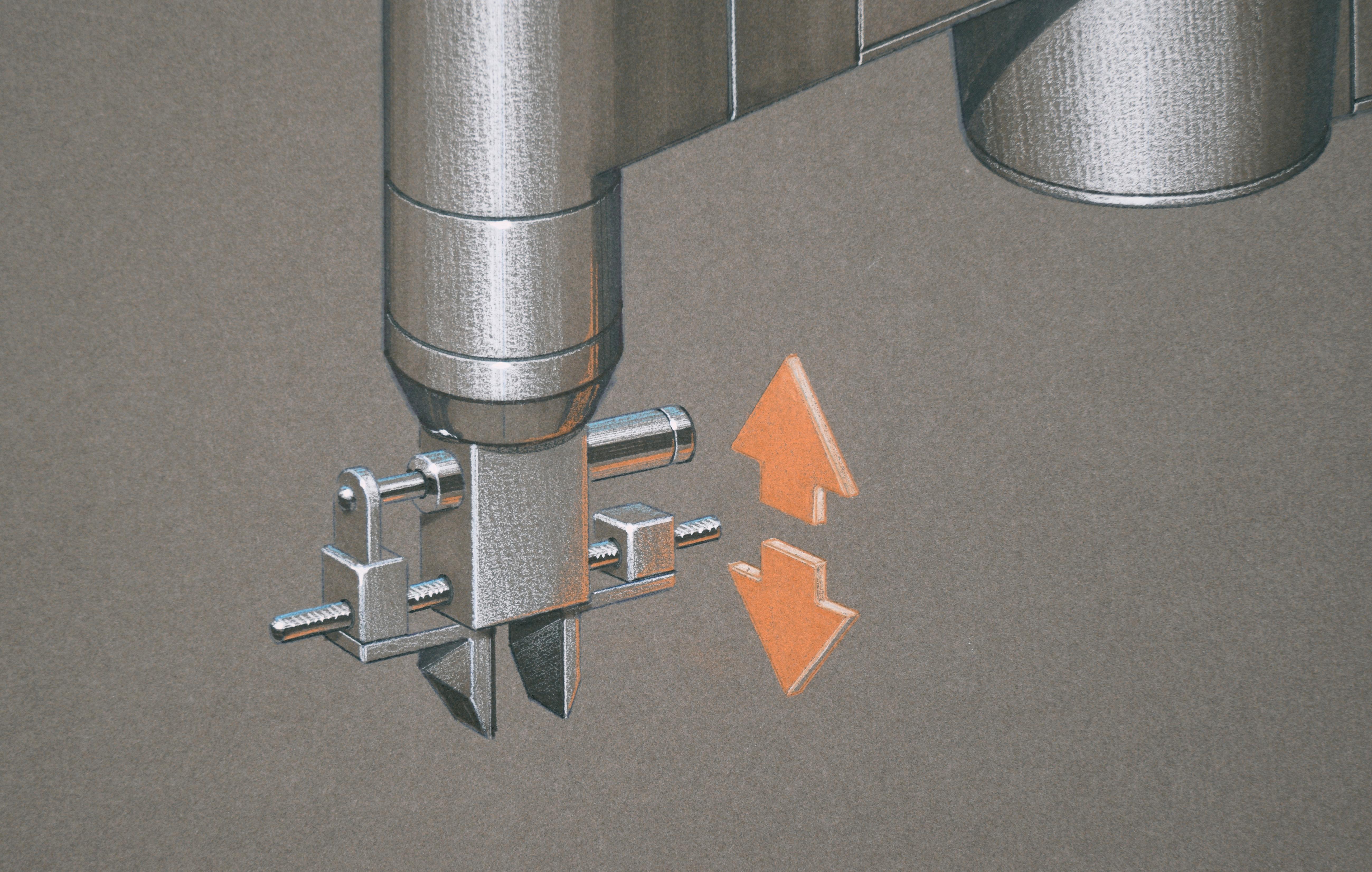 Illustrations de qualité du design des machines Intelledex par Edward T. AT&T (américain, 1943-2010). La machine est rendue de manière experte, avec des ombres douces et des détails spécifiques. Les reflets sur le métal sont ajoutés à la gouache,