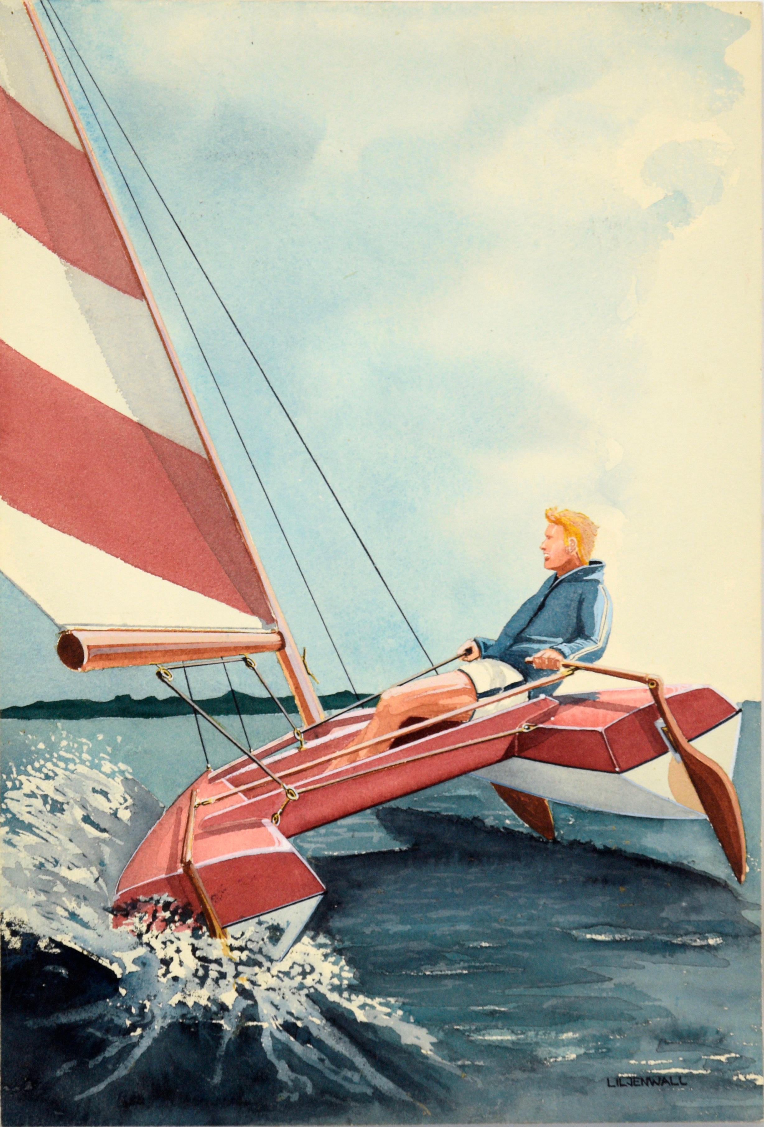 Edward T. Liljenwall Landscape Art - Solo Race in a Catamaran - Adventure Illustration in Watercolor and Ink on Paper