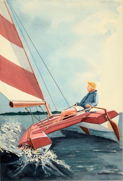 Solo Race in a Catamaran - Adventure Illustration in Watercolor and Ink on Paper