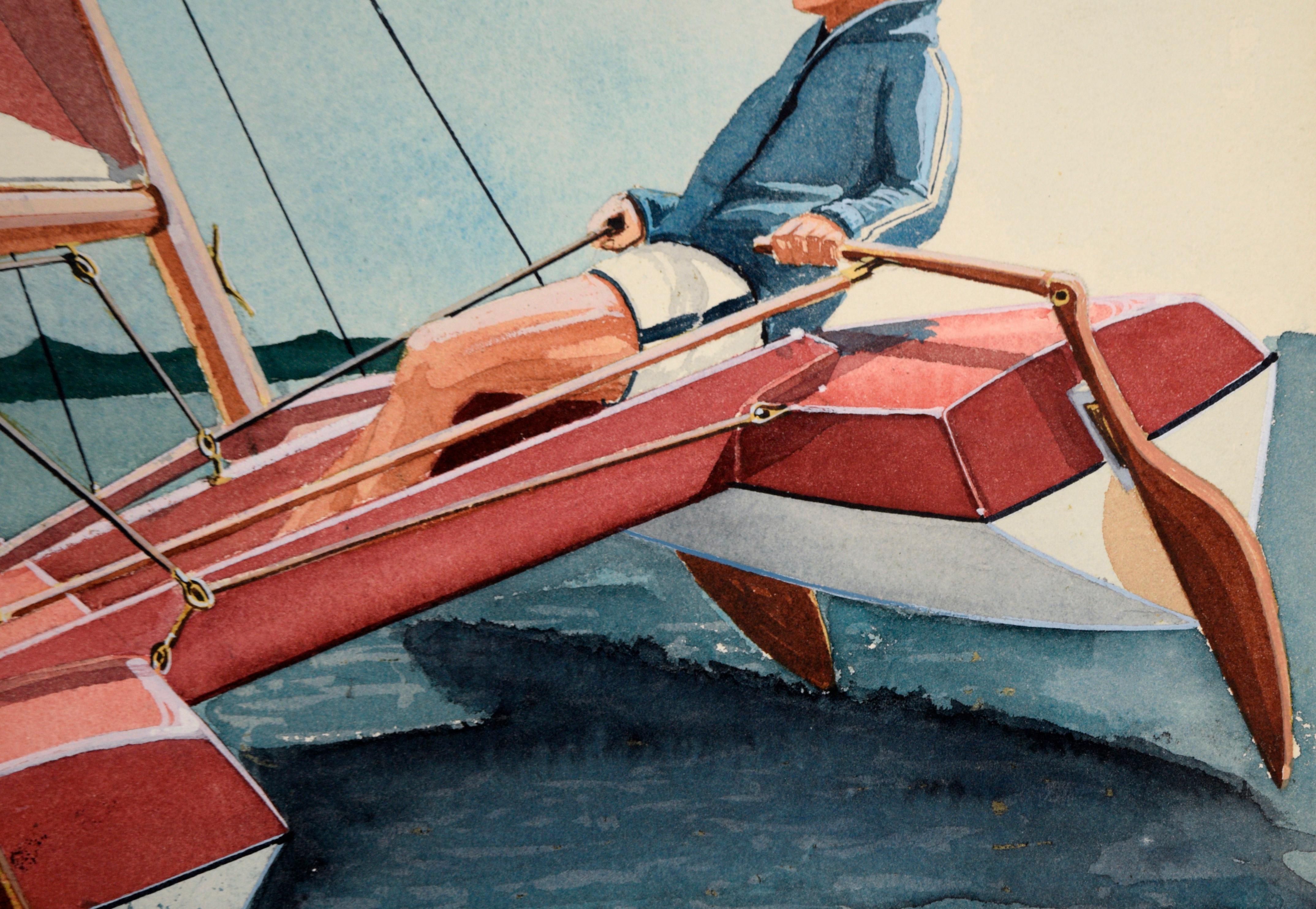Solorennen auf einem Katamaran – Abenteuer-Illustration in Aquarell und Tinte auf Papier im Angebot 1
