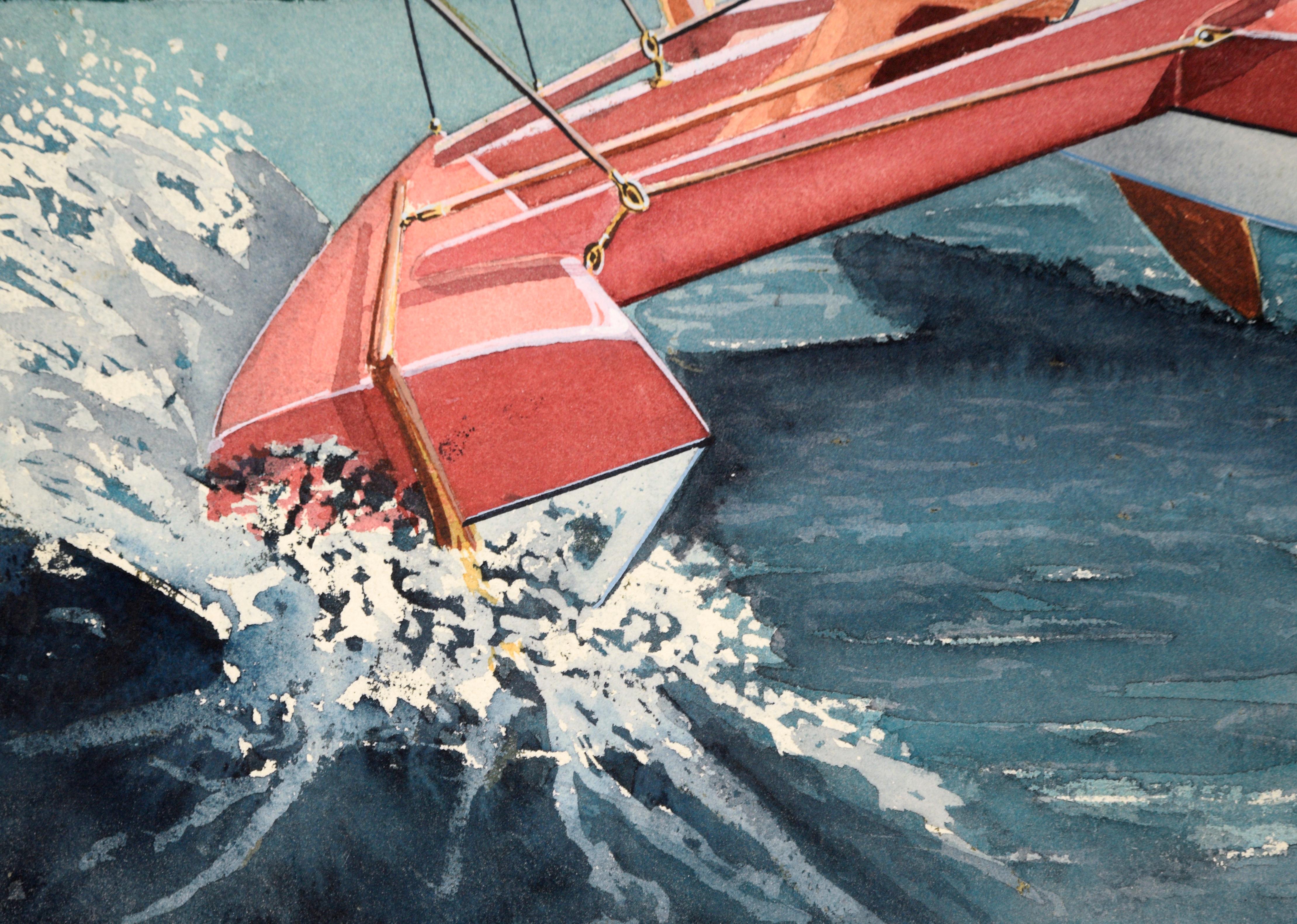 Detaillierte Illustration eines Seglers in einem Katamaran von Edward T. Liljenwall (Amerikaner, 1943-2010). Das Segelboot ist in einem extremen Winkel geneigt, und der Segler lehnt sich über den Rand hinaus, um das Gleichgewicht zu halten. Auf der