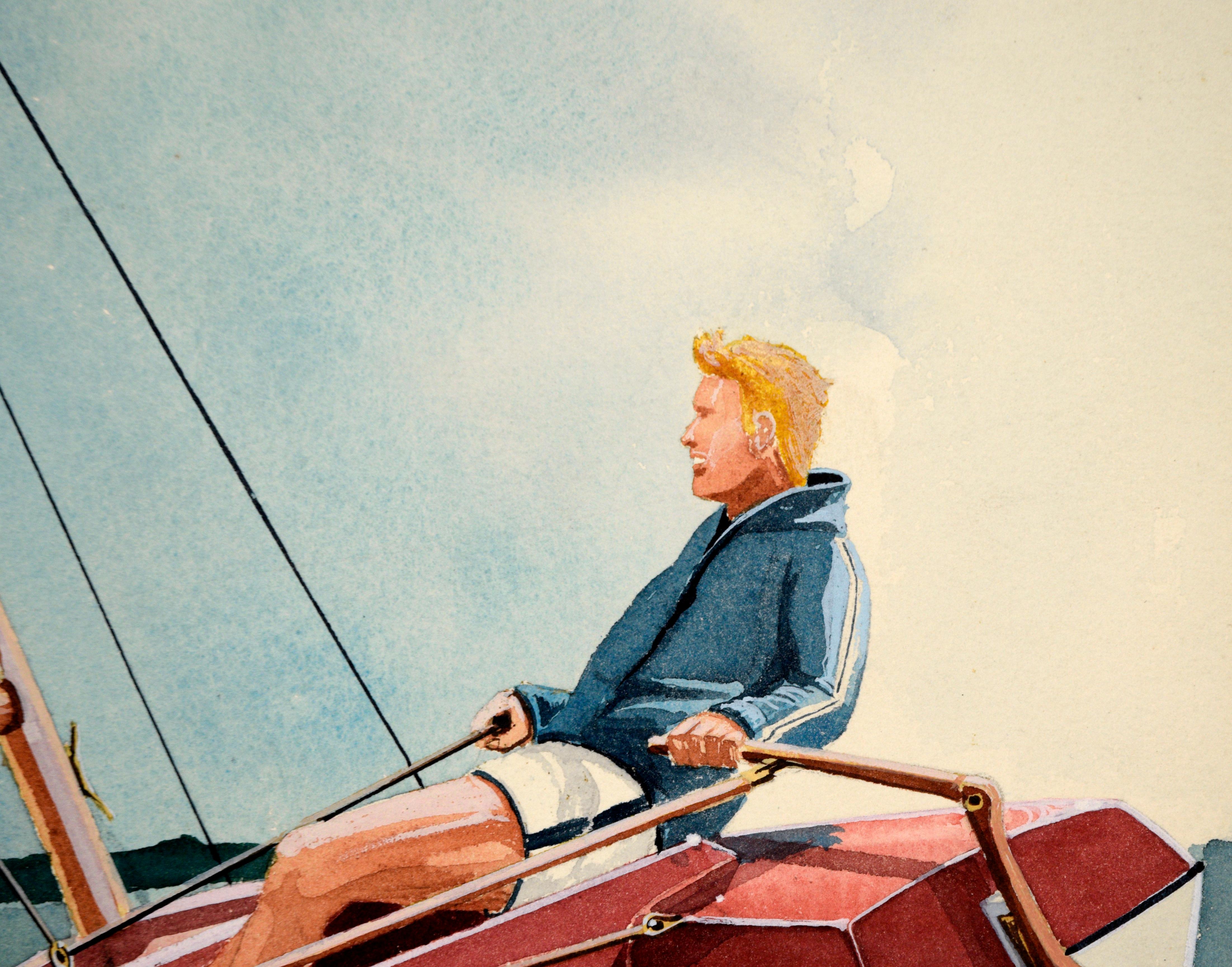 Solorennen auf einem Katamaran – Abenteuer-Illustration in Aquarell und Tinte auf Papier (Pop-Art), Art, von Edward T. Liljenwall