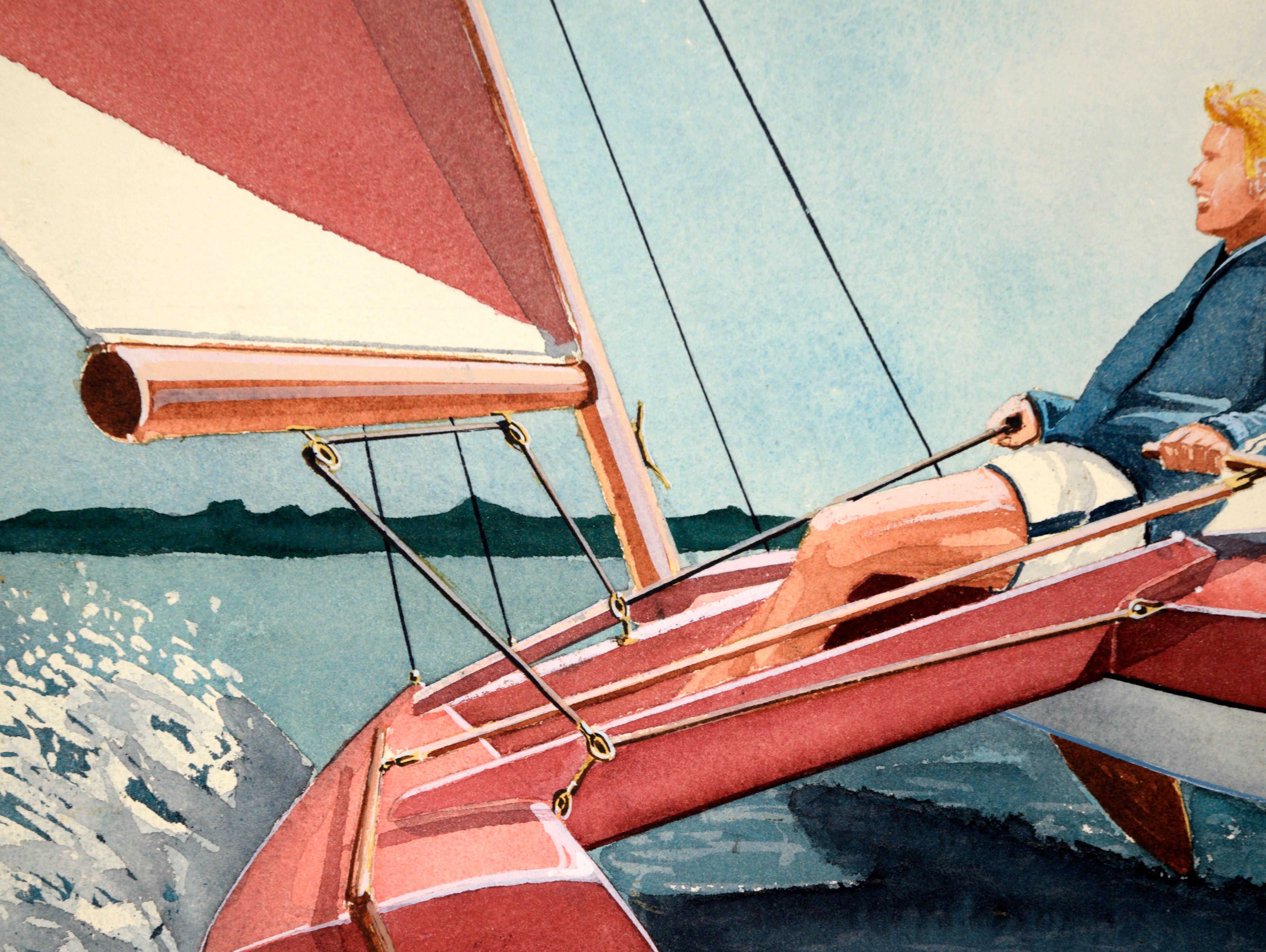Solorennen auf einem Katamaran – Abenteuer-Illustration in Aquarell und Tinte auf Papier (Beige), Landscape Art, von Edward T. Liljenwall