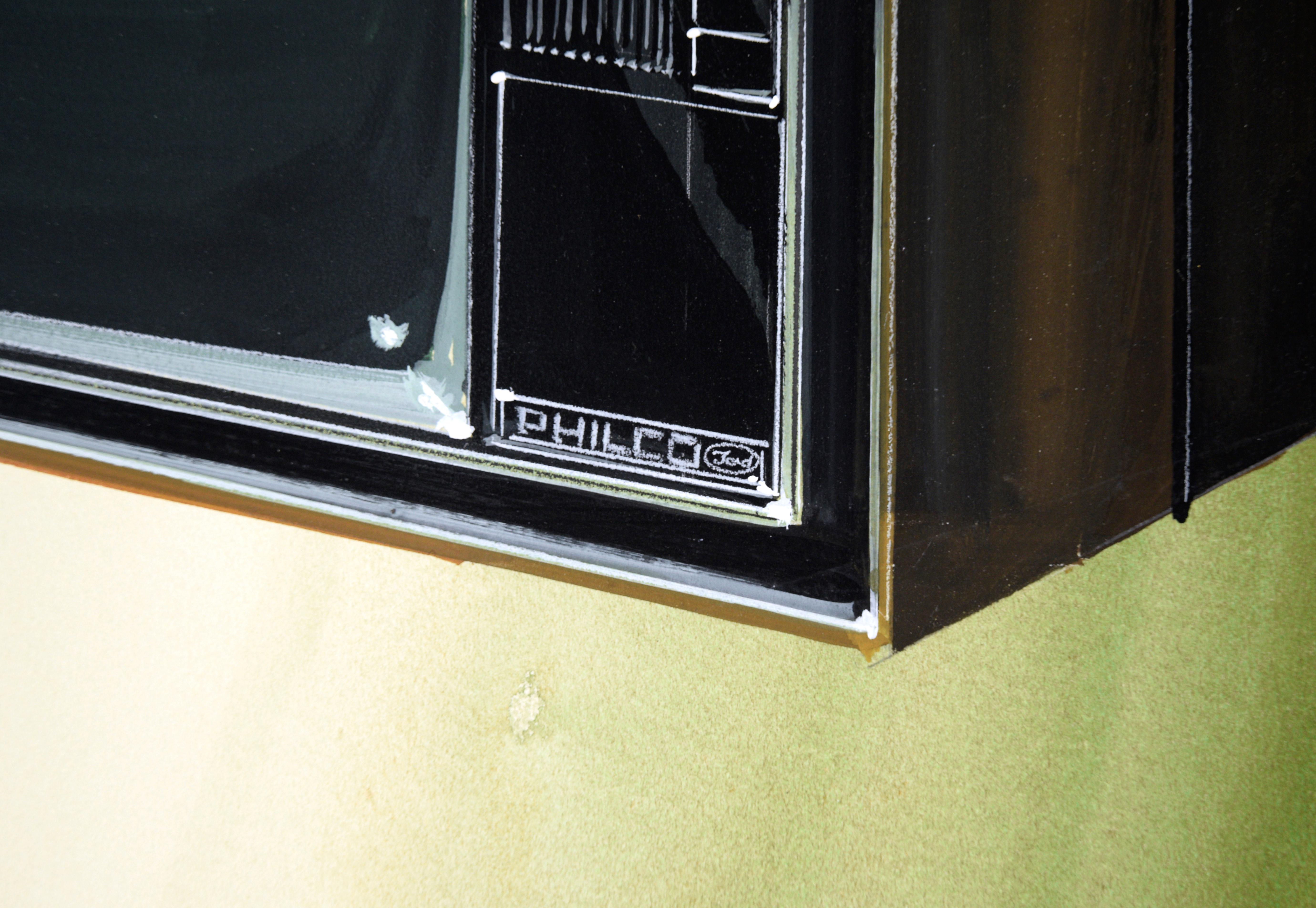 Illustration de qualité du design d'un téléviseur Philco Ford par Edward T. Liljenwall (américain, 1943-2010). Le téléviseur est représenté de manière experte sur un fond dégradé vert olive, avec des ombres douces et des détails spécifiques. Les