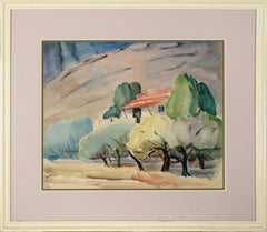 Maison sur la colline dans les arbres - Aquarelle sur papier