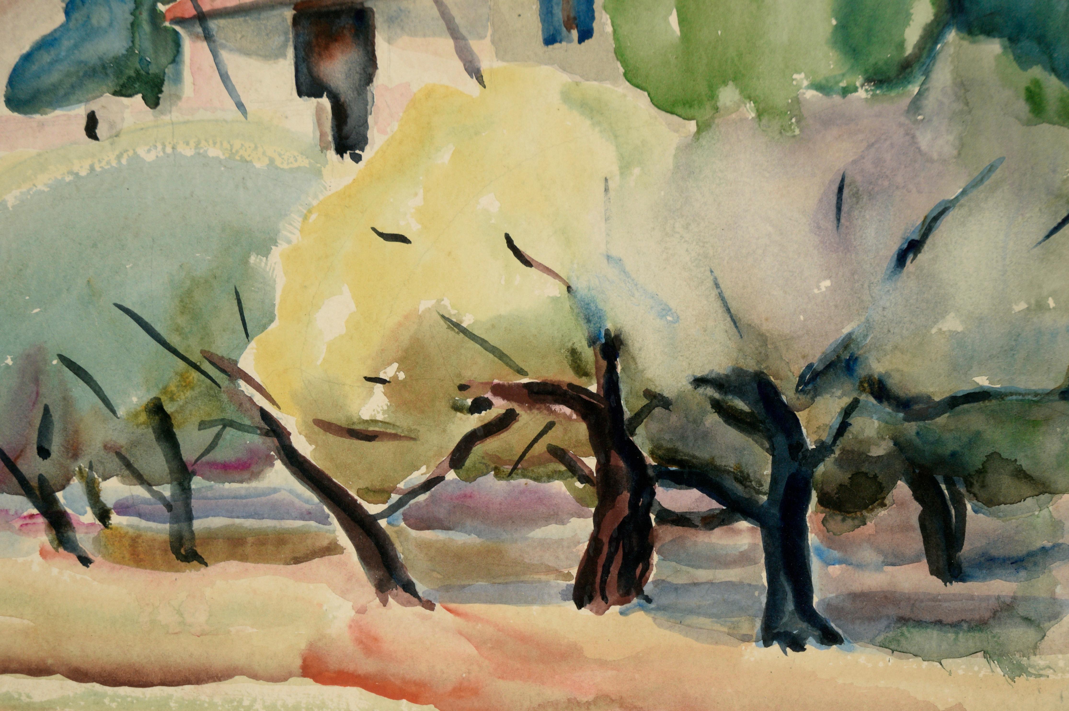 Boldly colored watercolor landscape by Emil Armin (American/Rumanian, 1882-1972). A house with a bright red roof is nestled between some trees at the bottom of a hillside. The trees are depicted as large, voluminous shapes, giving them a solid