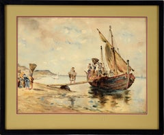 Loading the Cargo Ship - Brittany France - Watercolor 19th Century