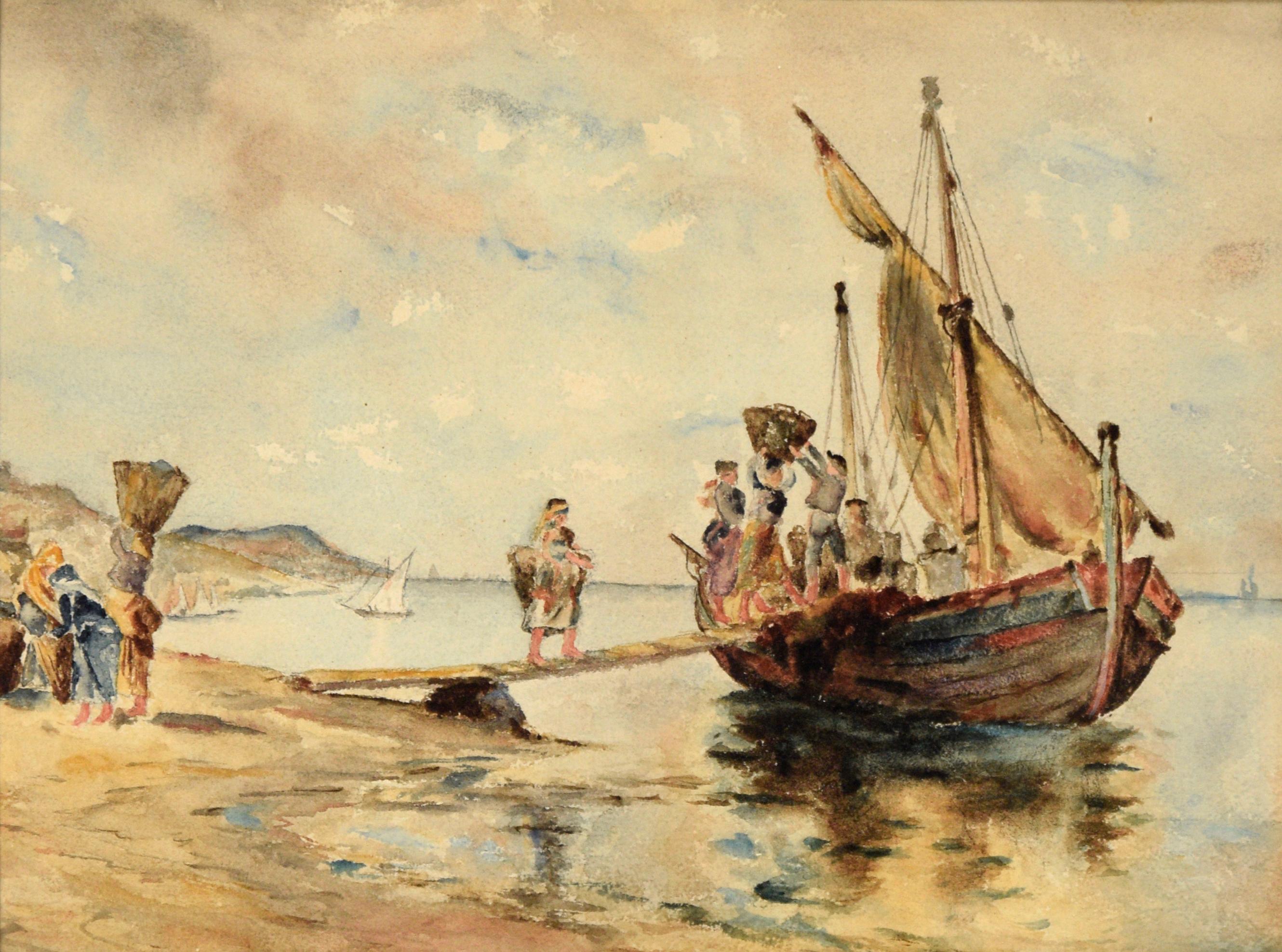 Loading the Cargo Ship - Brittany France - Watercolor 19th Century - Art by Unknown
