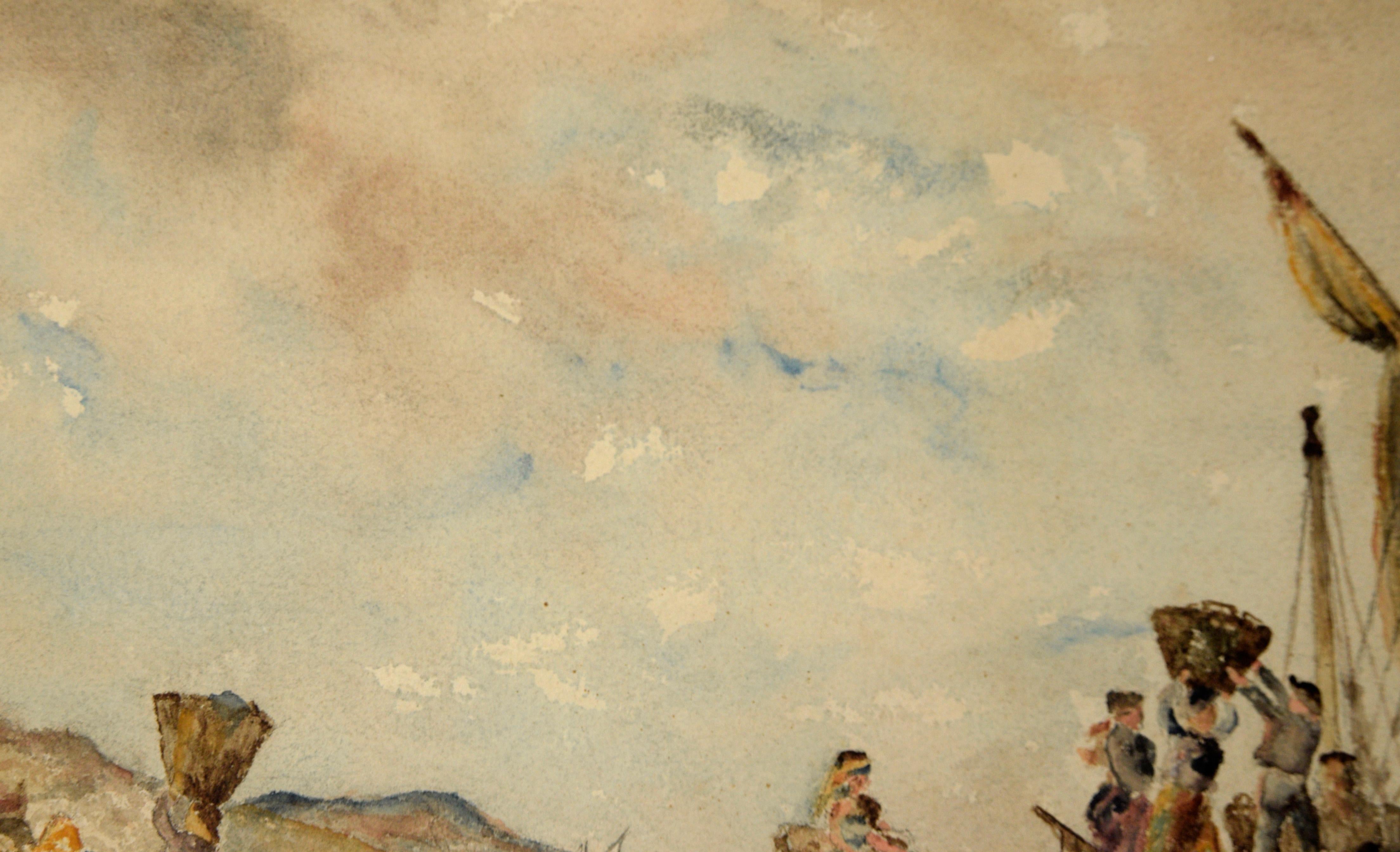 Caricamento di una nave da carico - Bretagna, Francia - Acquerello del XIX secolo - Art Impressionismo di Unknown