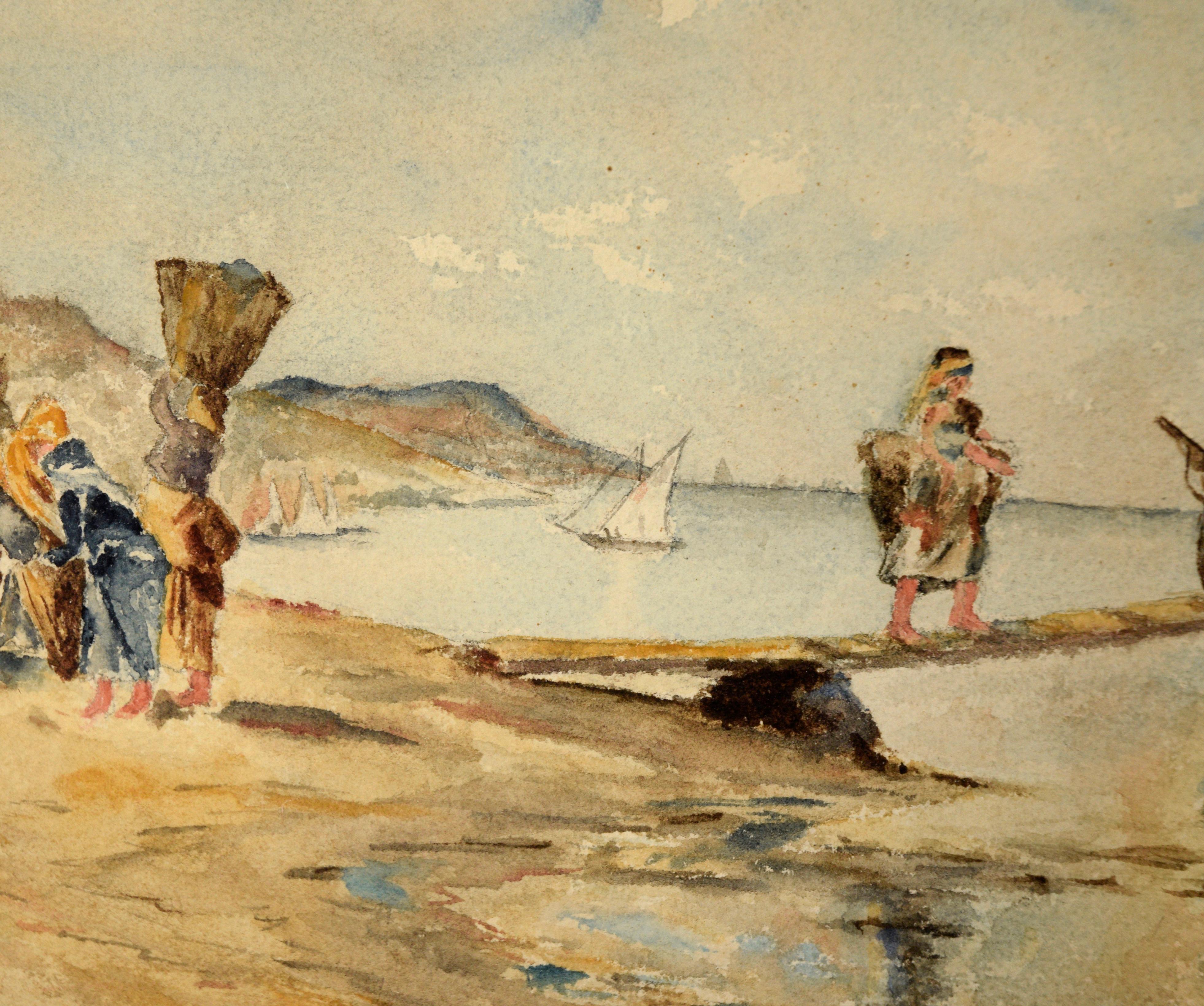 Loading the Cargo Ship - Brittany France - Aquarelle du 19ème siècle - Beige Landscape Art par Unknown